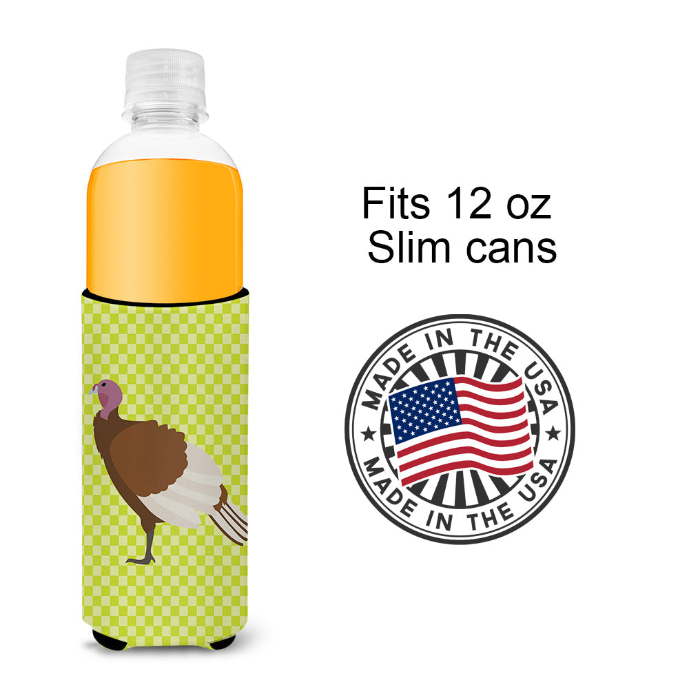 Bourbon Red Turkey Hen Green Slim Can Hugger , Insulated Foam Hugger for 12 oz Slim Cans, Beer Bottles & Water Bottles, Printed in USA