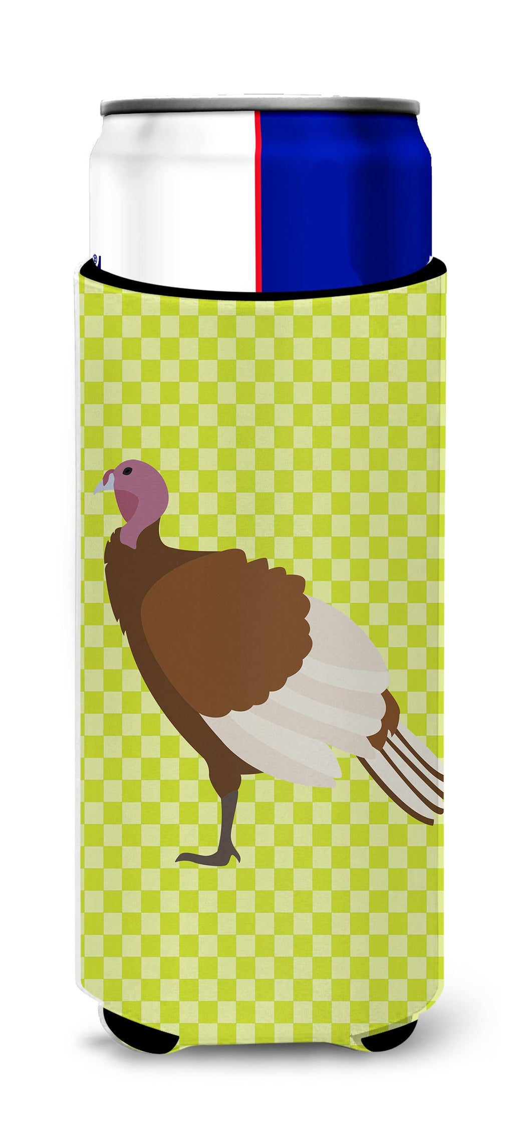 Bourbon Red Turkey Hen Green Slim Can Hugger , Insulated Foam Hugger for 12 oz Slim Cans, Beer Bottles & Water Bottles, Printed in USA