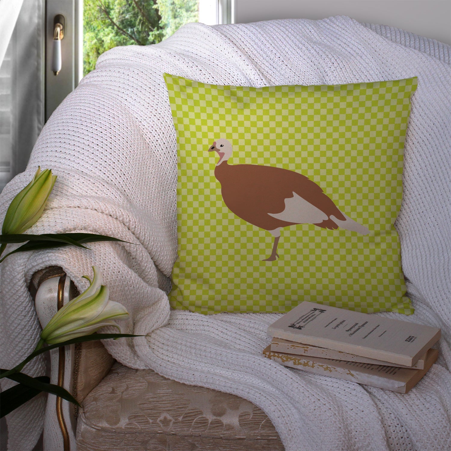 Jersey Buff Turkey Hen Green Decorative Throw Pillow 14x14 Indoor Outdoor Accent Cushion, Fabric Cover with Insert for Sofa, Bed, Porch & Living Room