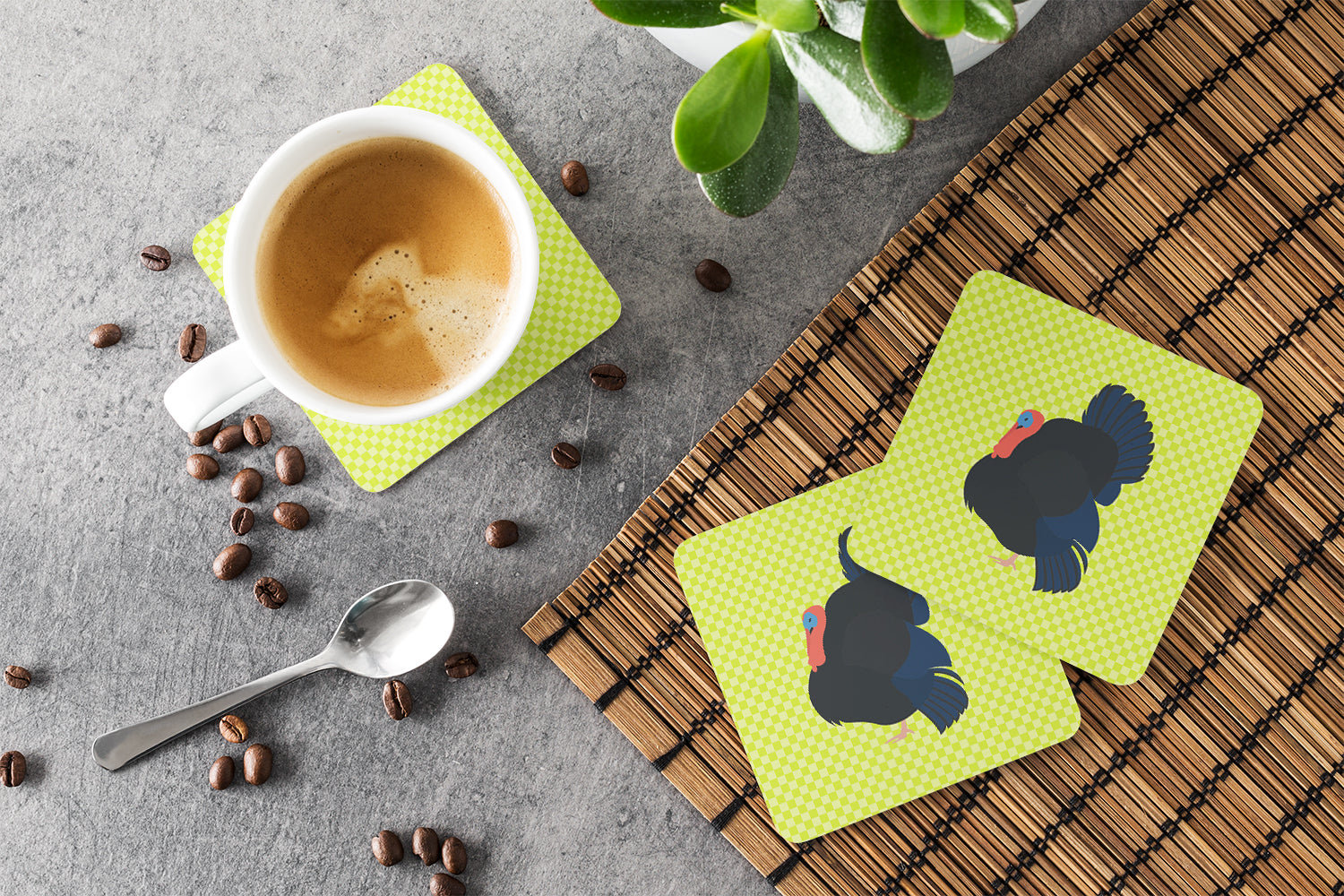 Norfolk Black Turkey Green Foam Coasters Set of 4 Cup Coasters for Indoor Outdoor, Tabletop Protection, Anti Slip, Mouse pad Material