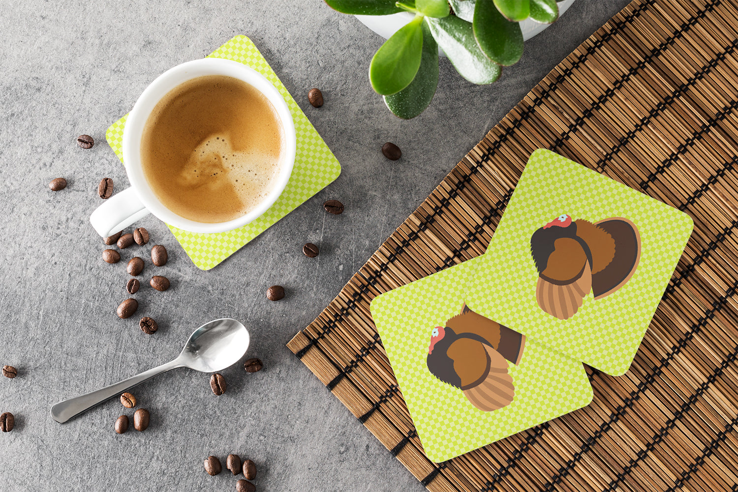 Bronze Turkey Green Foam Coasters Set of 4 Cup Coasters for Indoor Outdoor, Tabletop Protection, Anti Slip, Mouse pad Material