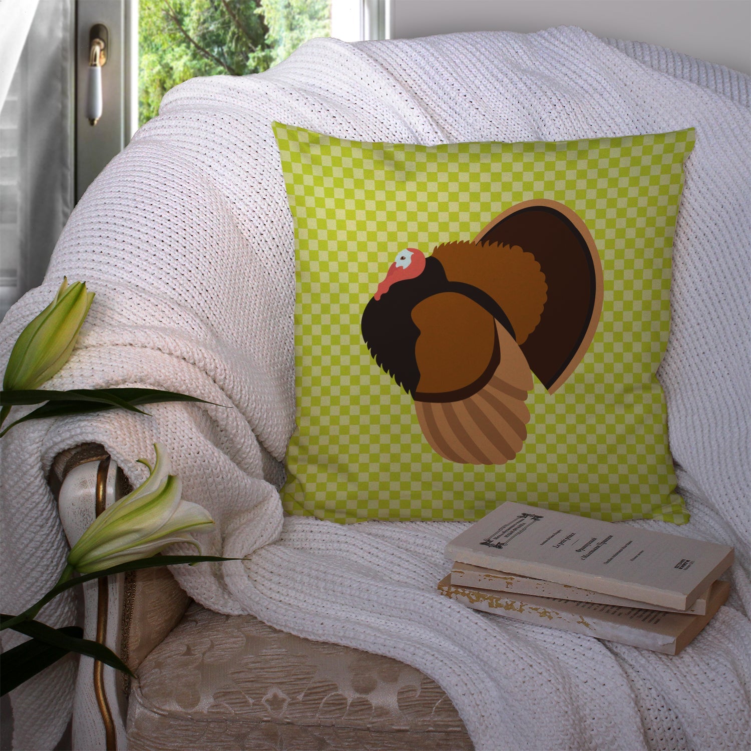 Bronze Turkey Green Decorative Throw Pillow 14x14 Indoor Outdoor Accent Cushion, Fabric Cover with Insert for Sofa, Bed, Porch & Living Room