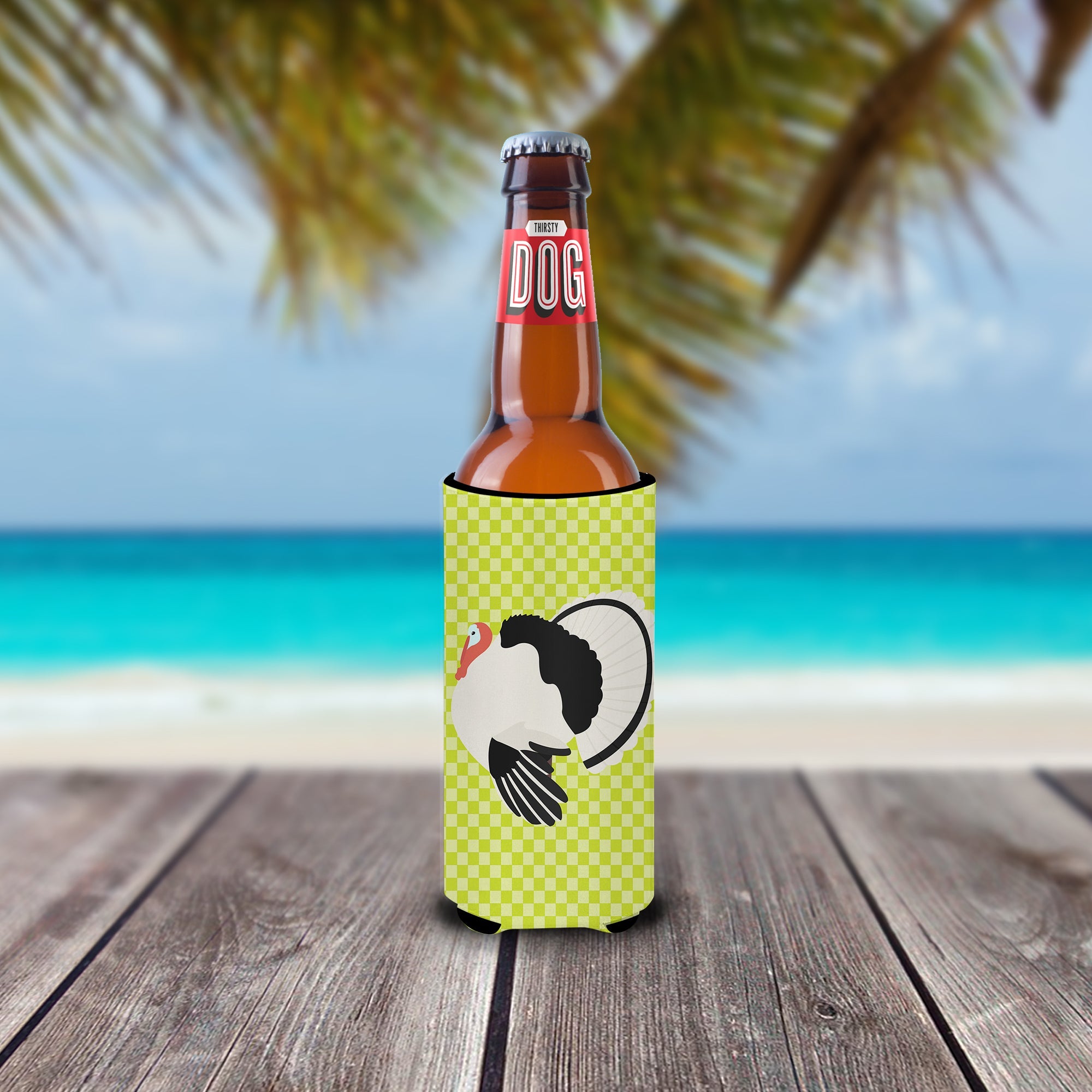 Royal Palm Turkey Green Slim Can Hugger , Insulated Foam Hugger for 12 oz Slim Cans, Beer Bottles & Water Bottles, Printed in USA
