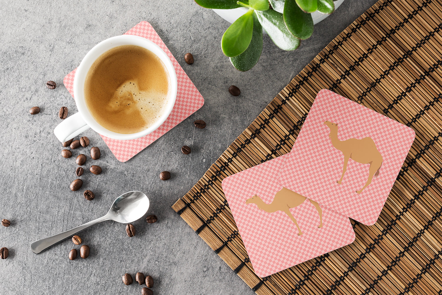 Arabian Camel Dromedary Pink Check Foam Coasters Set of 4 Cup Coasters for Indoor Outdoor, Tabletop Protection, Anti Slip, Mouse pad Material