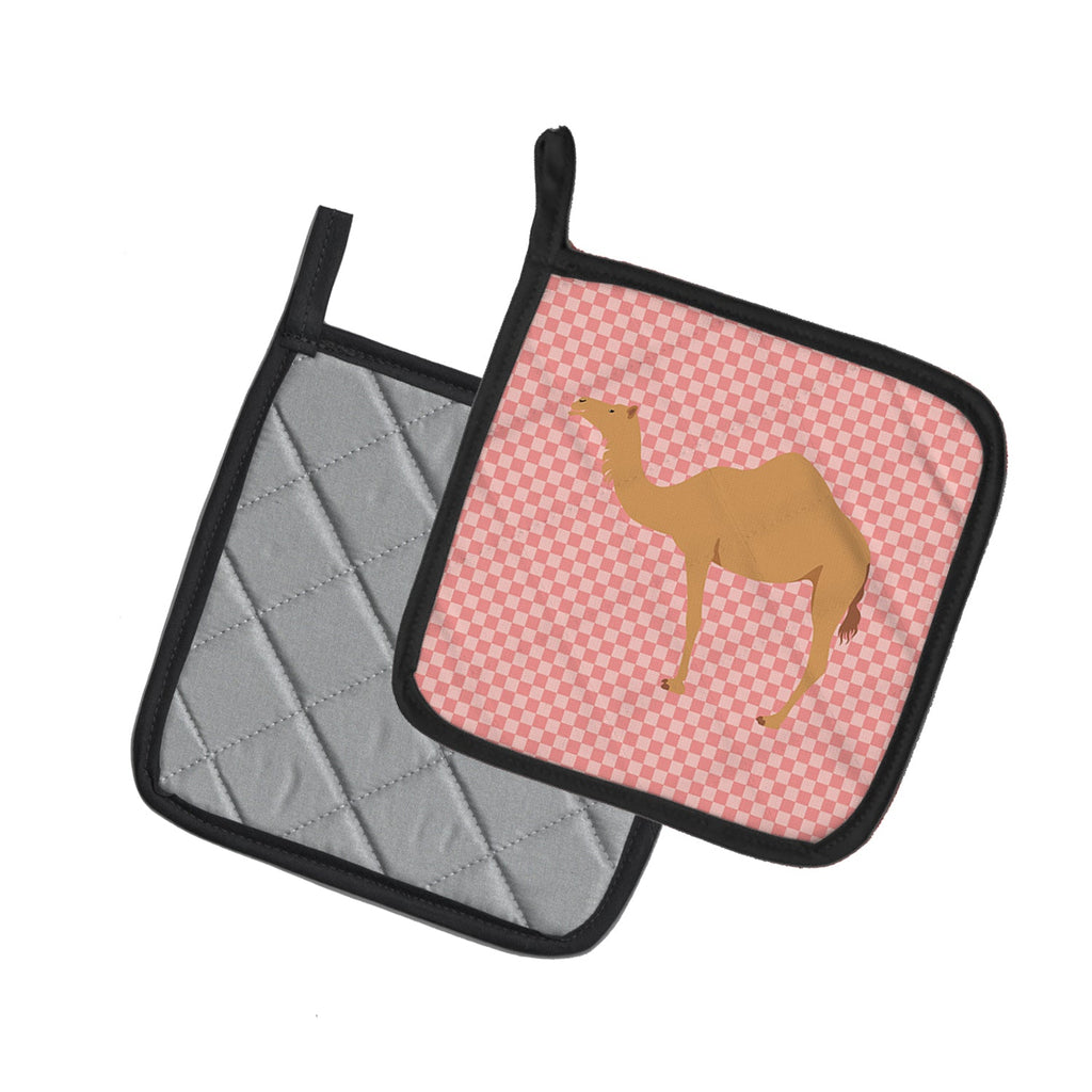 Arabian Camel Dromedary Pink Check Pot Holder Set of 2 Heat Resistant Quilted Hot Pads 7.5 x 7.5 Inch, Insulated Kitchen Trivets for Cooking & Baking
