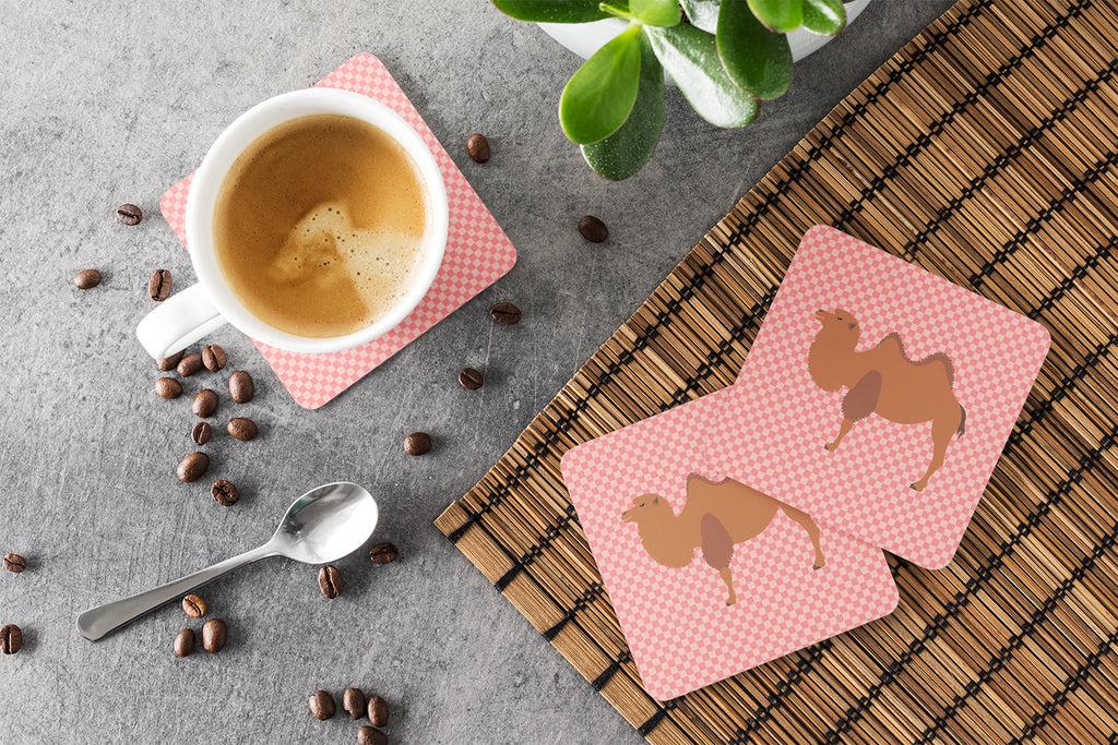 Bactrian Camel Pink Check Foam Coasters Set of 4 Cup Coasters for Indoor Outdoor, Tabletop Protection, Anti Slip, Mouse pad Material