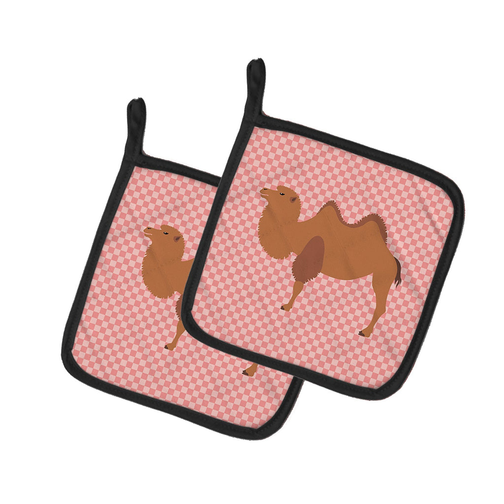 Bactrian Camel Pink Check Pot Holder Set of 2 Heat Resistant Quilted Hot Pads 7.5 x 7.5 Inch, Insulated Kitchen Trivets for Cooking & Baking