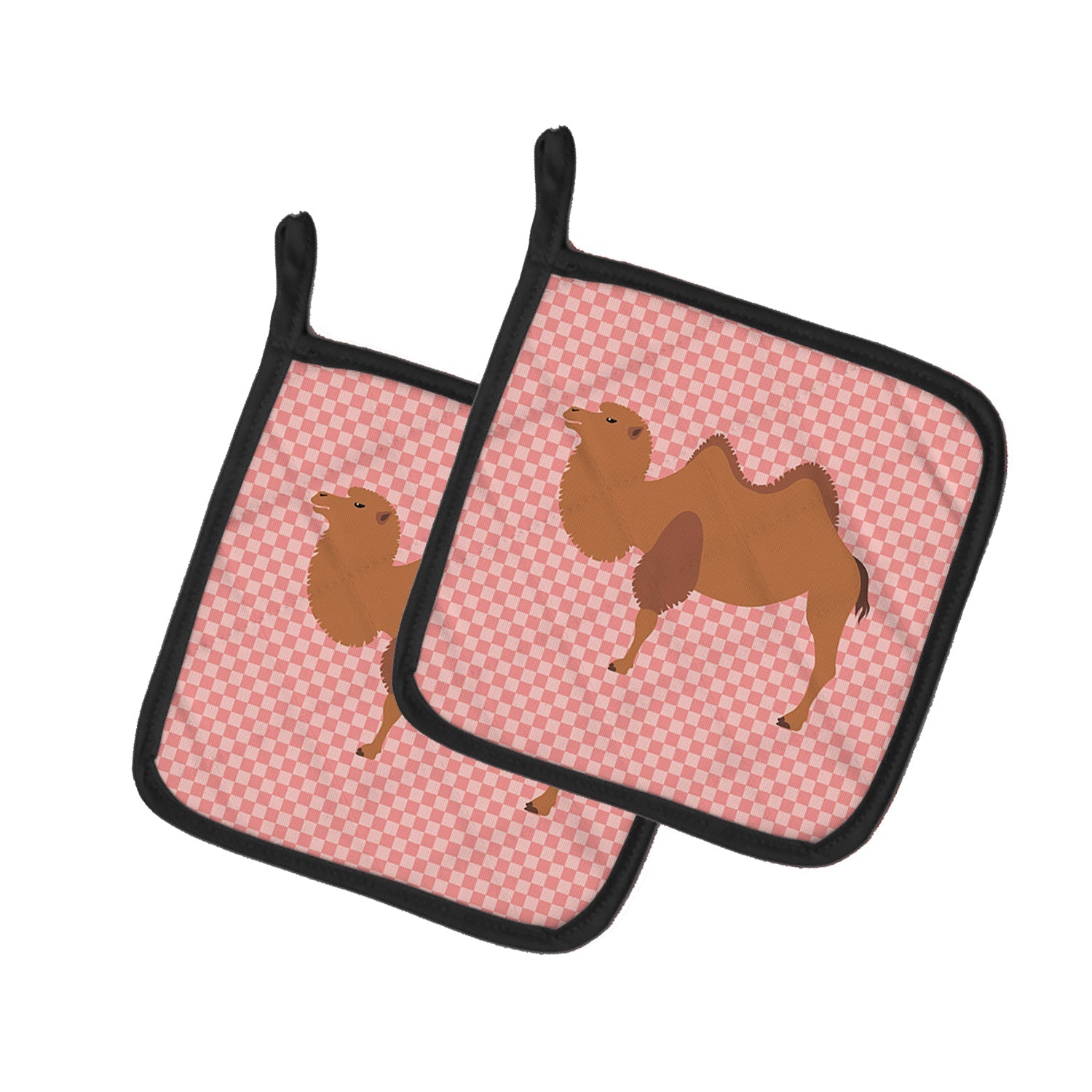 Bactrian Camel Pink Check Pot Holder Set of 2 Heat Resistant Quilted Hot Pads 7.5 x 7.5 Inch, Insulated Kitchen Trivets for Cooking & Baking