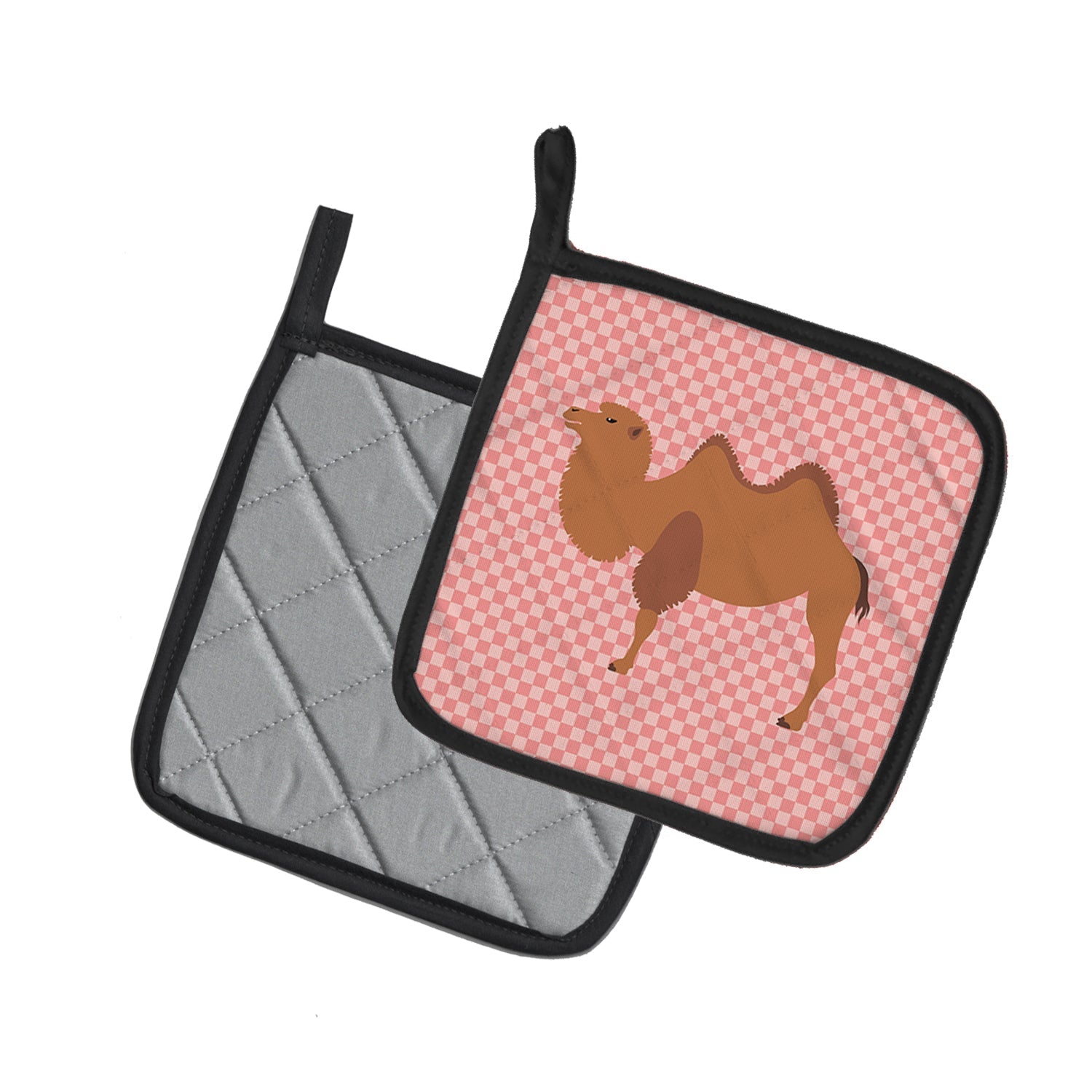 Bactrian Camel Pink Check Pot Holder Set of 2 Heat Resistant Quilted Hot Pads 7.5 x 7.5 Inch, Insulated Kitchen Trivets for Cooking & Baking