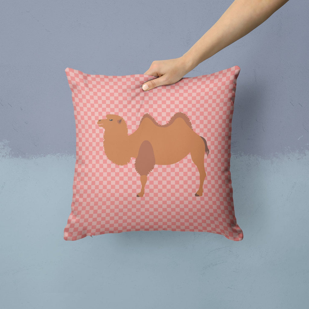 Bactrian Camel Pink Check Decorative Throw Pillow 14x14 Indoor Outdoor Accent Cushion, Fabric Cover with Insert for Sofa, Bed, Porch & Living Room