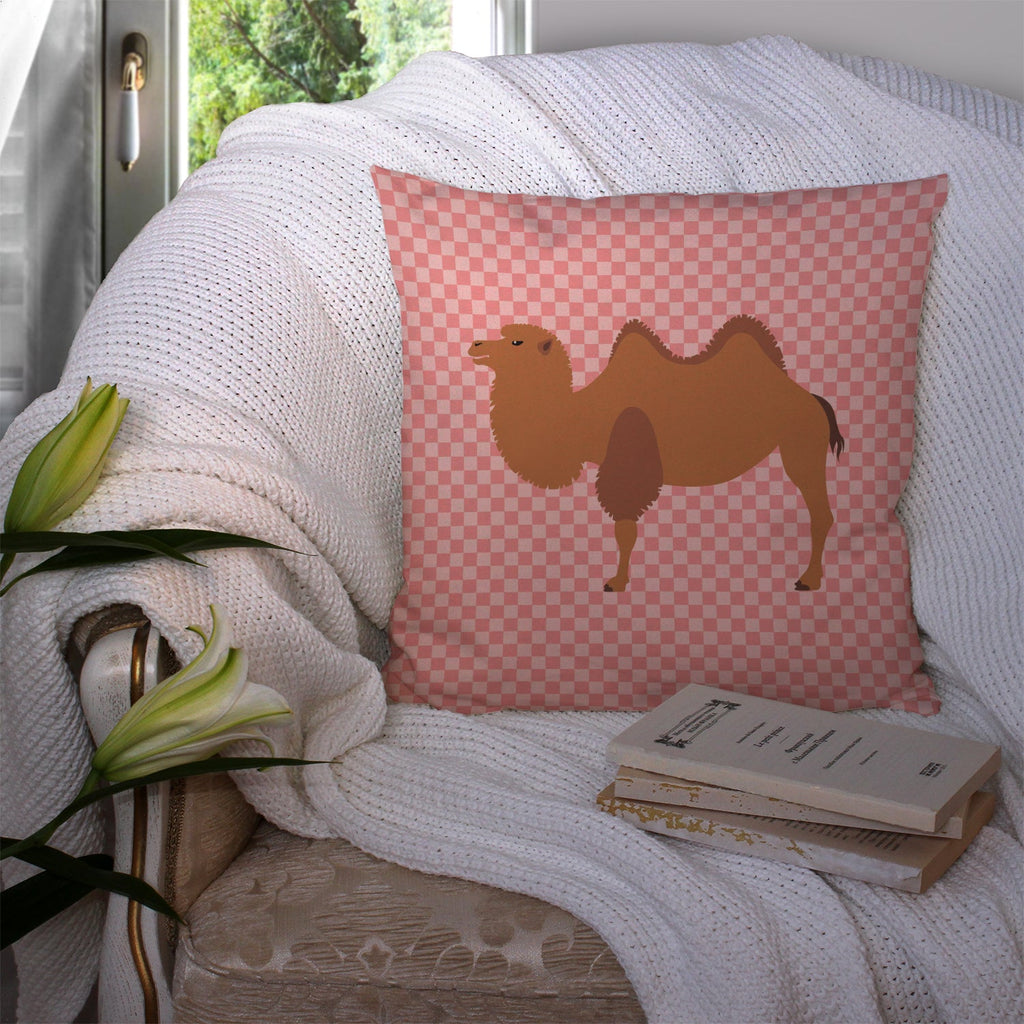 Bactrian Camel Pink Check Decorative Throw Pillow 14x14 Indoor Outdoor Accent Cushion, Fabric Cover with Insert for Sofa, Bed, Porch & Living Room