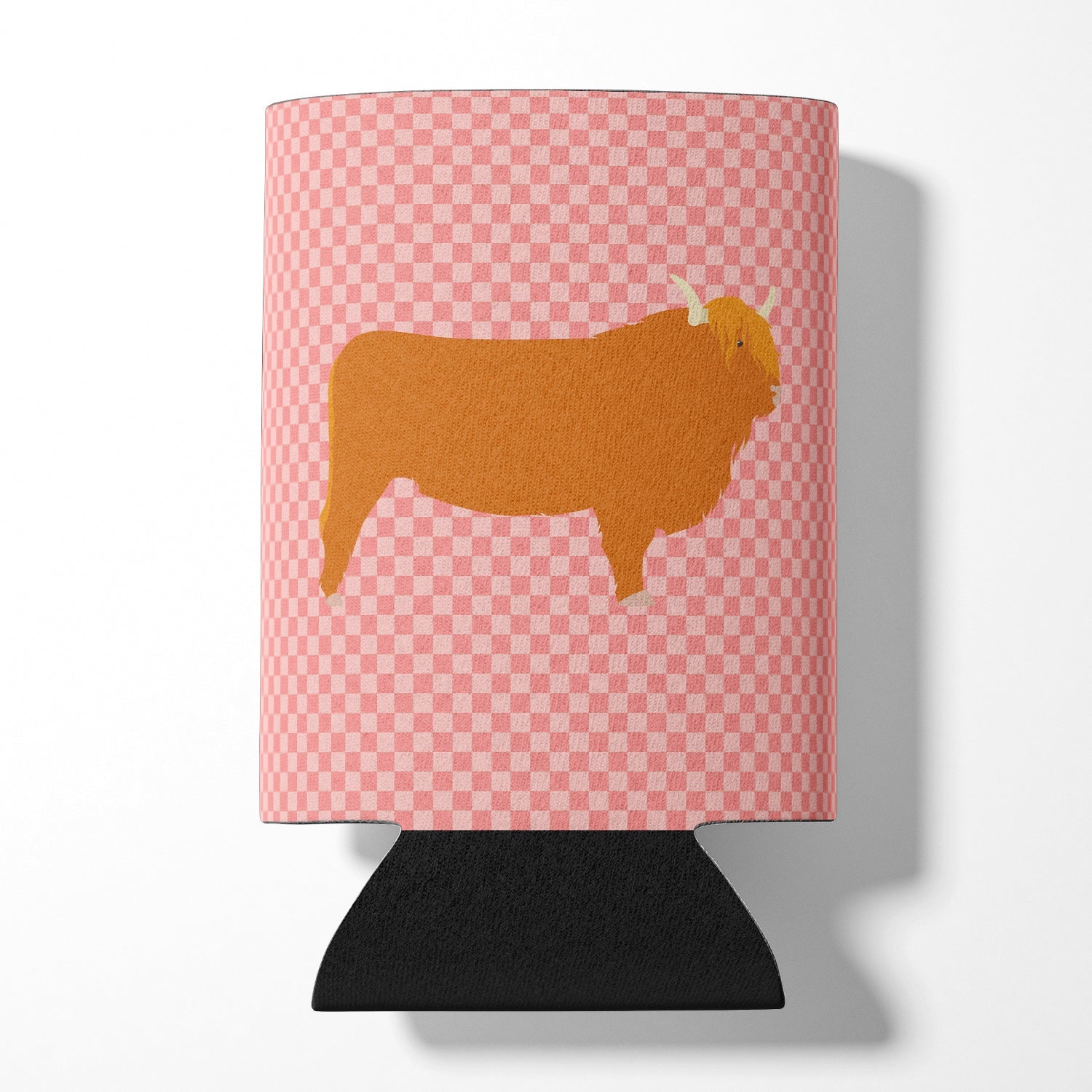 Highland Cow Pink Check Can or Bottle Hugger Cooler Sleeve for Standard 12 oz Cans, Insulated Foam Beer & Soda Can Hugger Reusable