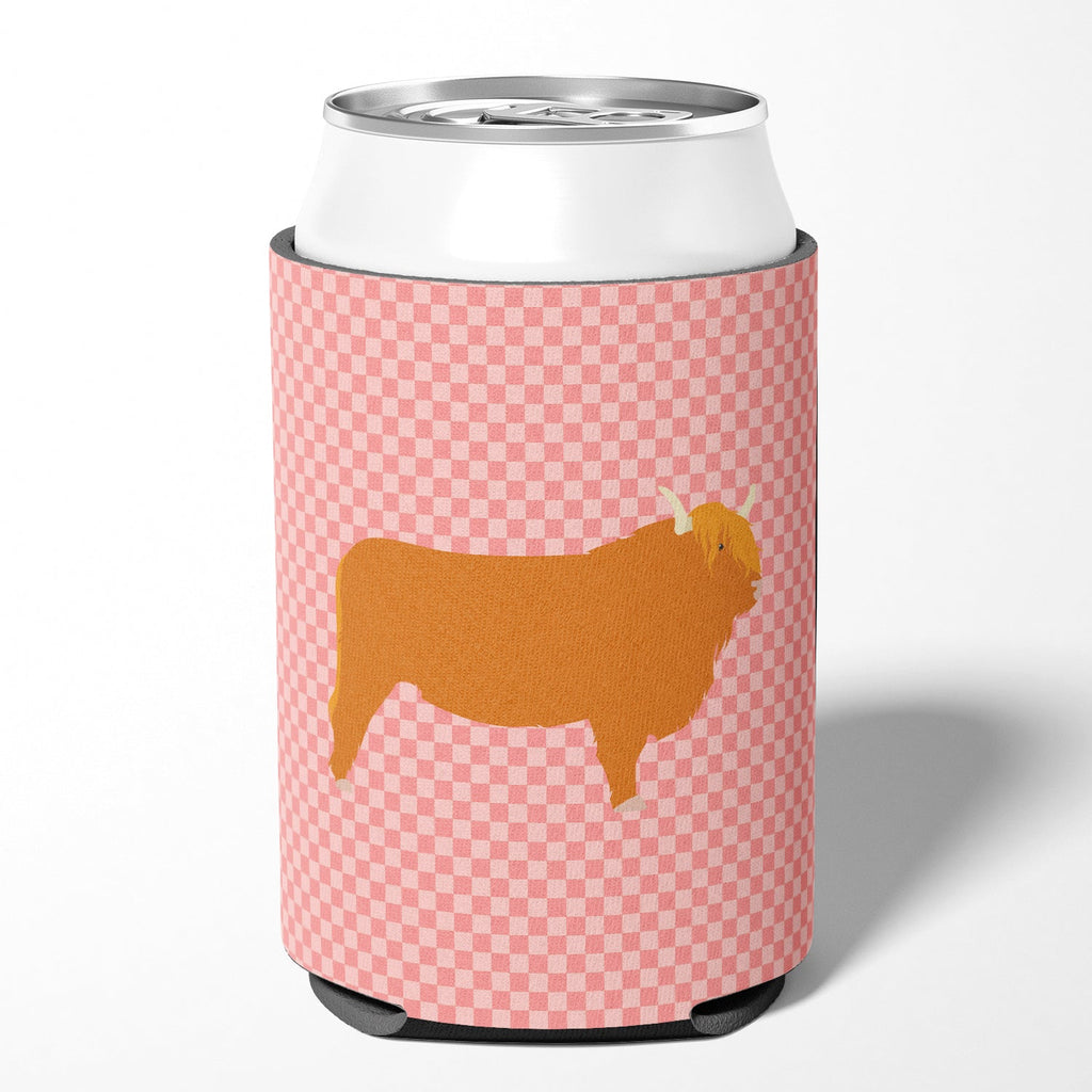 Highland Cow Pink Check Can or Bottle Hugger Cooler Sleeve for Standard 12 oz Cans, Insulated Foam Beer & Soda Can Hugger Reusable