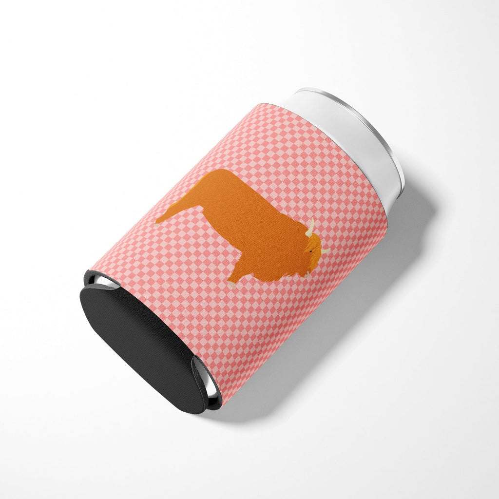Highland Cow Pink Check Can or Bottle Hugger Cooler Sleeve for Standard 12 oz Cans, Insulated Foam Beer & Soda Can Hugger Reusable