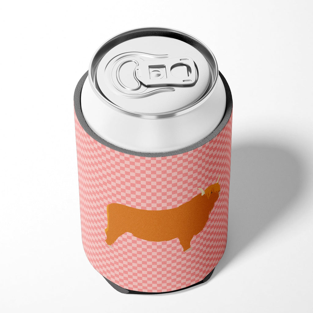 Highland Cow Pink Check Can or Bottle Hugger Cooler Sleeve for Standard 12 oz Cans, Insulated Foam Beer & Soda Can Hugger Reusable