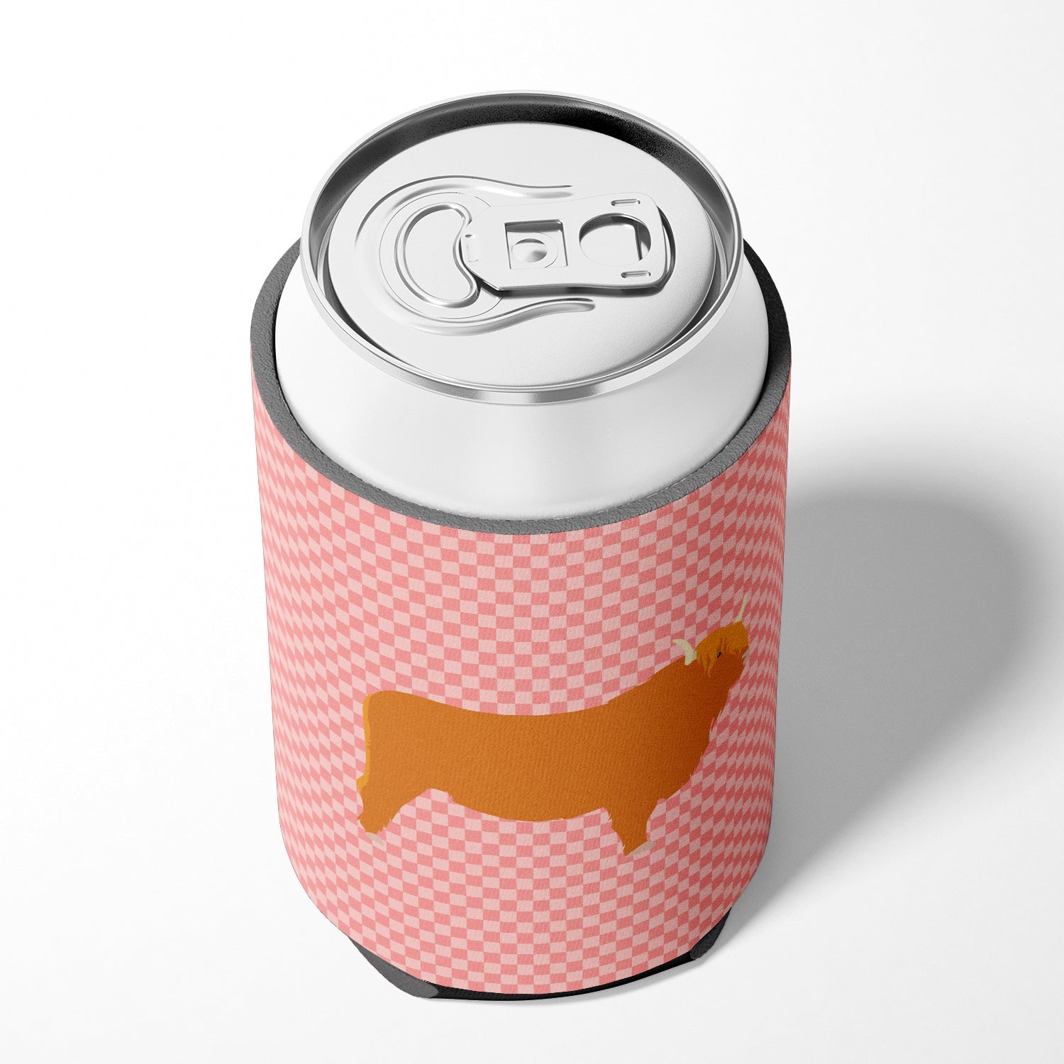 Highland Cow Pink Check Can or Bottle Hugger Cooler Sleeve for Standard 12 oz Cans, Insulated Foam Beer & Soda Can Hugger Reusable