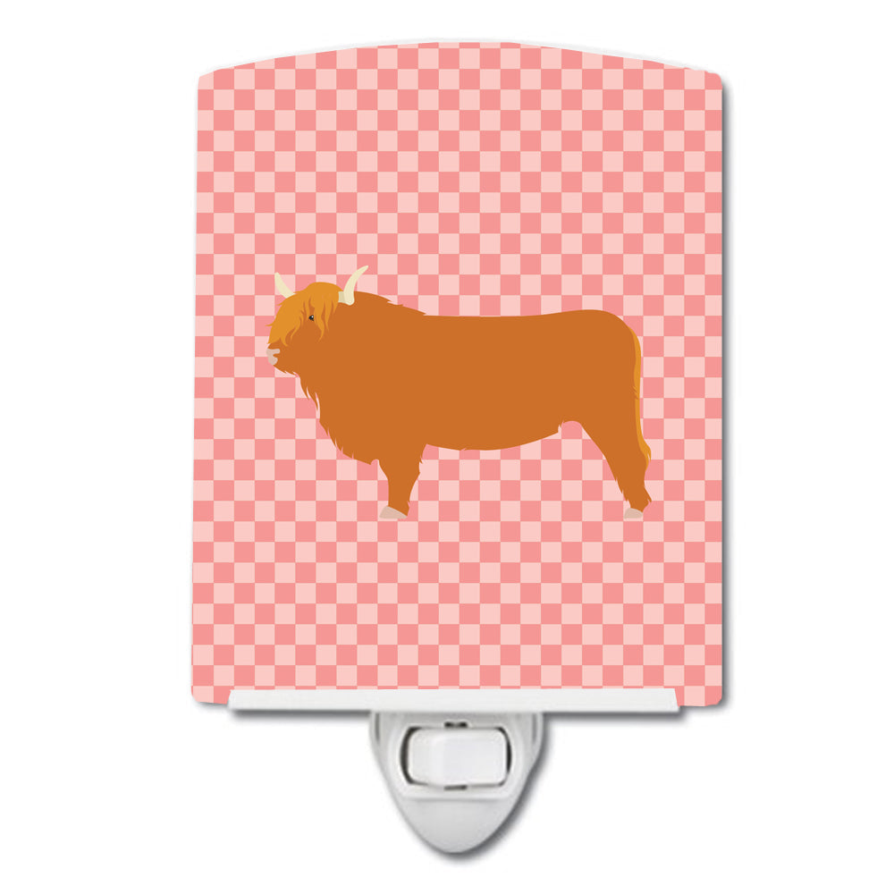 Highland Cow Pink Check Ceramic Night Light Compact, UL-Certified, Ideal for Bedroom, Bathroom, Nursery, Hallway, Kitchen, 6x4x3, Multicolor