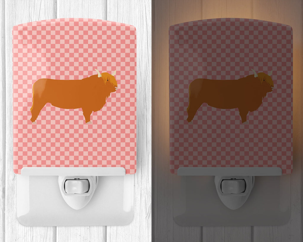 Highland Cow Pink Check Ceramic Night Light Compact, UL-Certified, Ideal for Bedroom, Bathroom, Nursery, Hallway, Kitchen, 6x4x3, Multicolor