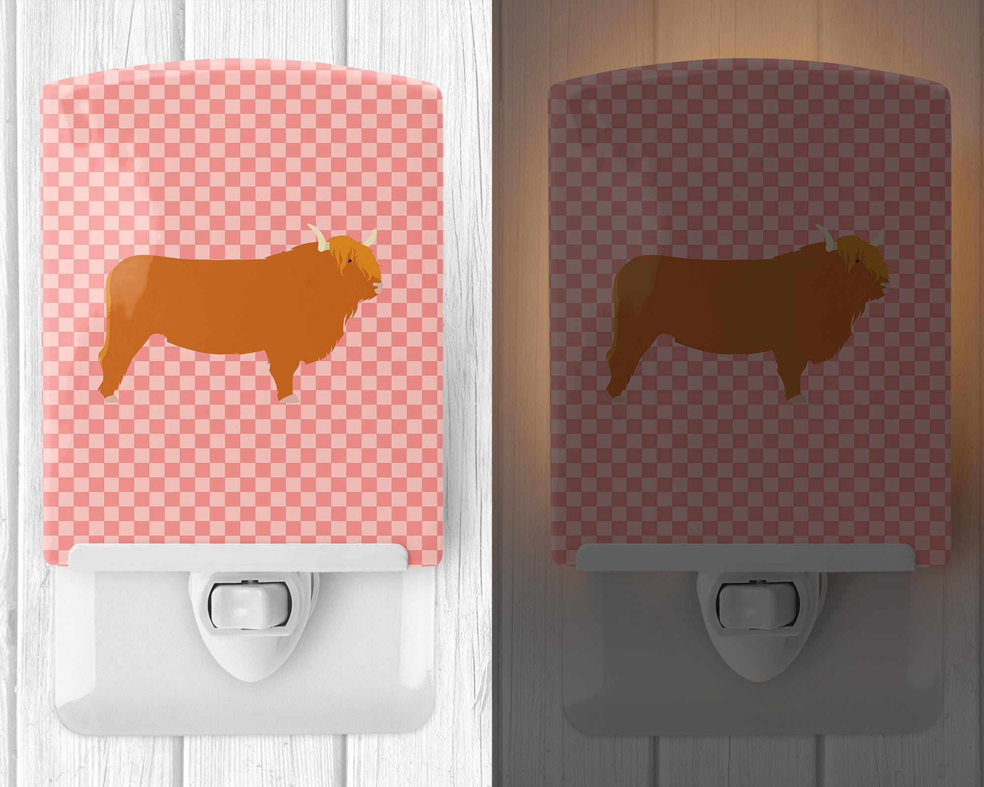 Highland Cow Pink Check Ceramic Night Light Compact, UL-Certified, Ideal for Bedroom, Bathroom, Nursery, Hallway, Kitchen, 6x4x3, Multicolor