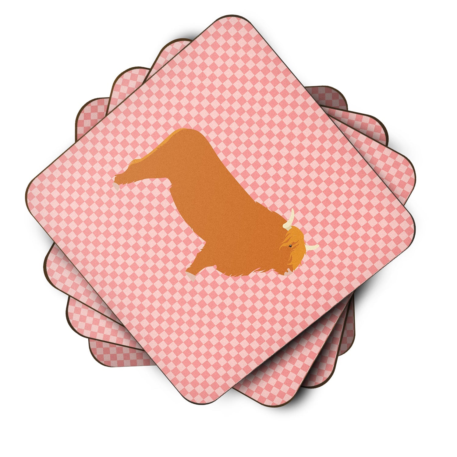Highland Cow Pink Check Foam Coasters Set of 4 Cup Coasters for Indoor Outdoor, Tabletop Protection, Anti Slip, Mouse pad Material