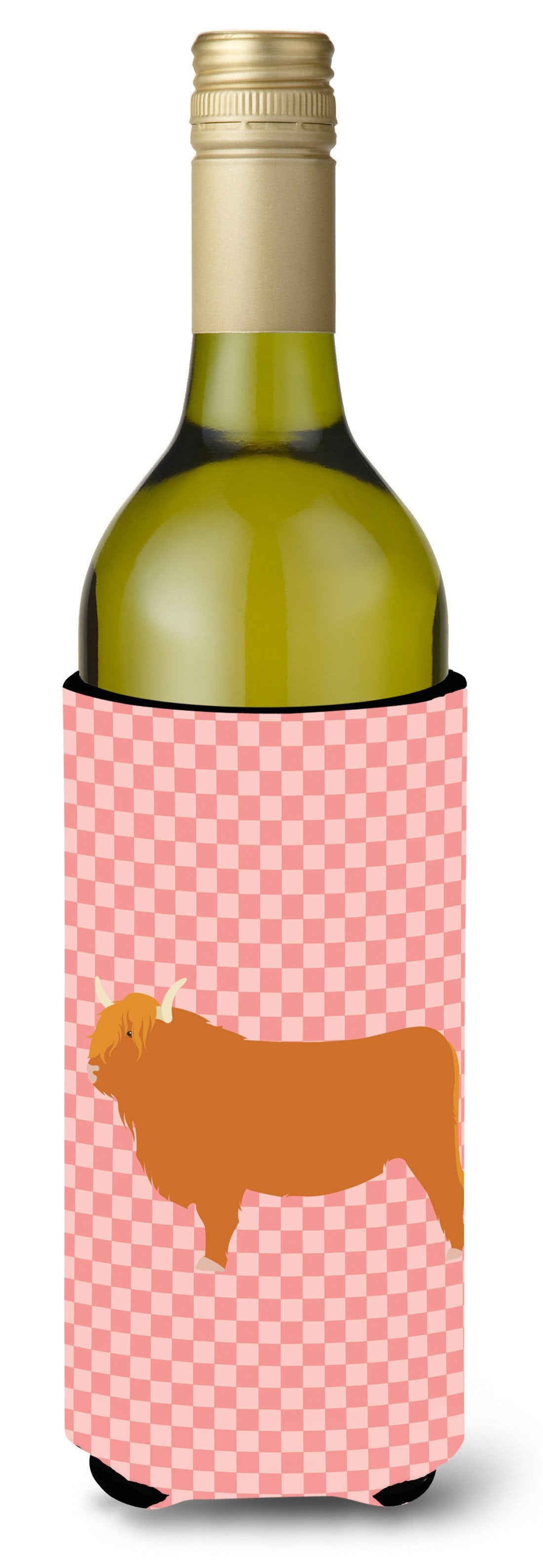 Highland Cow Pink Check Wine Bottle Hugger Gift Sleeve for Standard 750 ml Bottles, Insulated Reusable Also Fits Mini Shot & Pint Bottles
