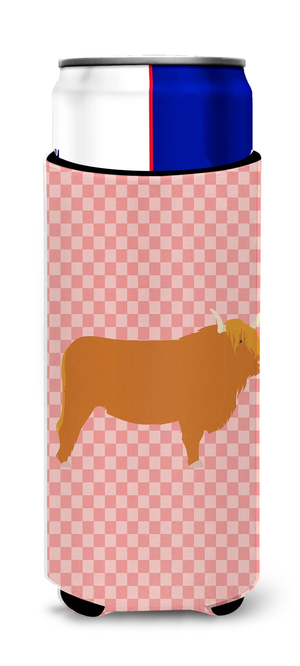 Highland Cow Pink Check Slim Can Hugger , Insulated Foam Hugger for 12 oz Slim Cans, Beer Bottles & Water Bottles, Printed in USA