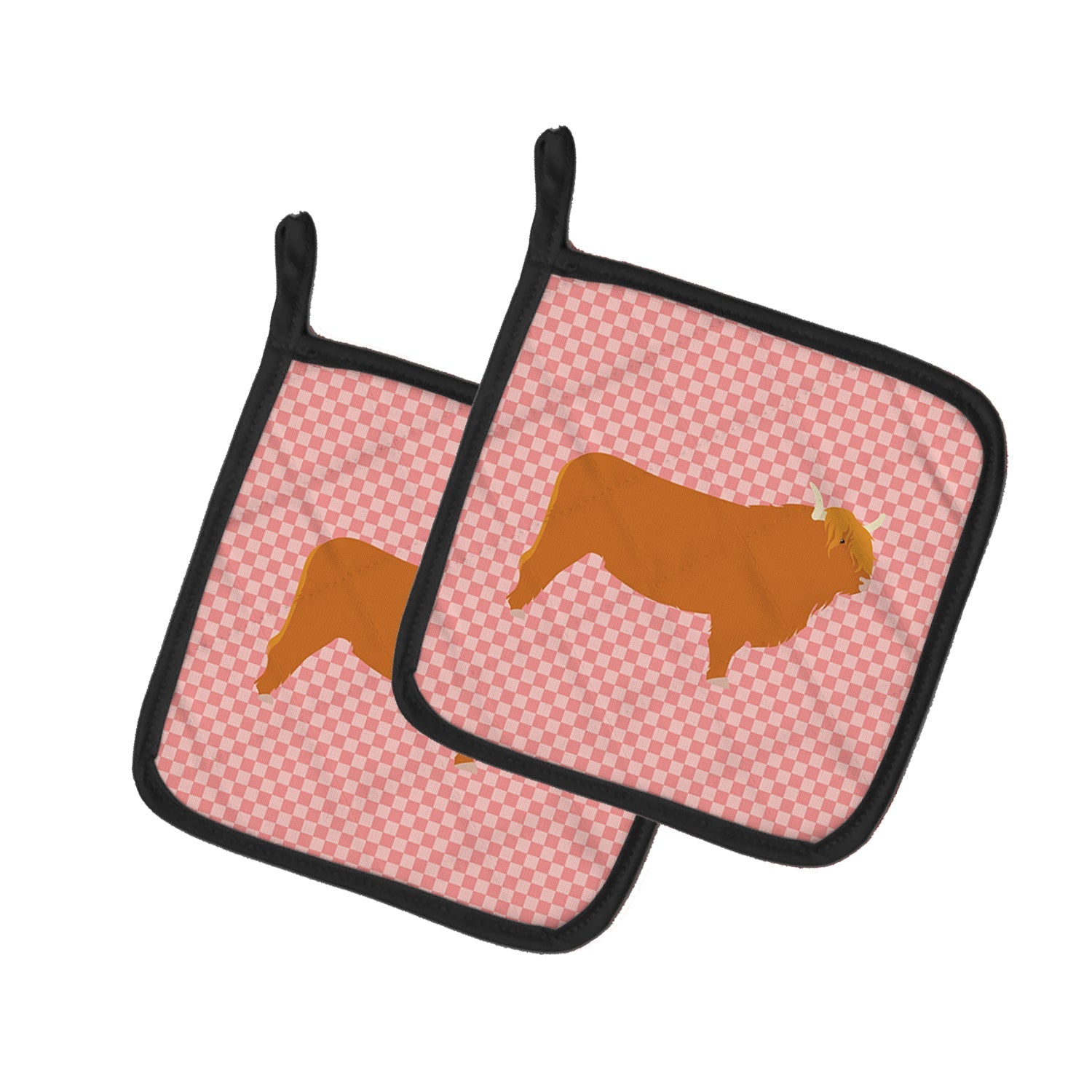 Highland Cow Pink Check Pot Holder Set of 2 Heat Resistant Quilted Hot Pads 7.5 x 7.5 Inch, Insulated Kitchen Trivets for Cooking & Baking