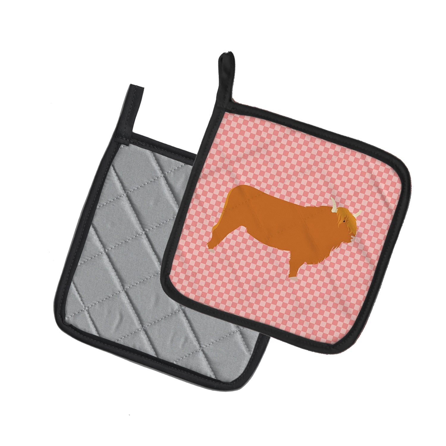 Highland Cow Pink Check Pot Holder Set of 2 Heat Resistant Quilted Hot Pads 7.5 x 7.5 Inch, Insulated Kitchen Trivets for Cooking & Baking