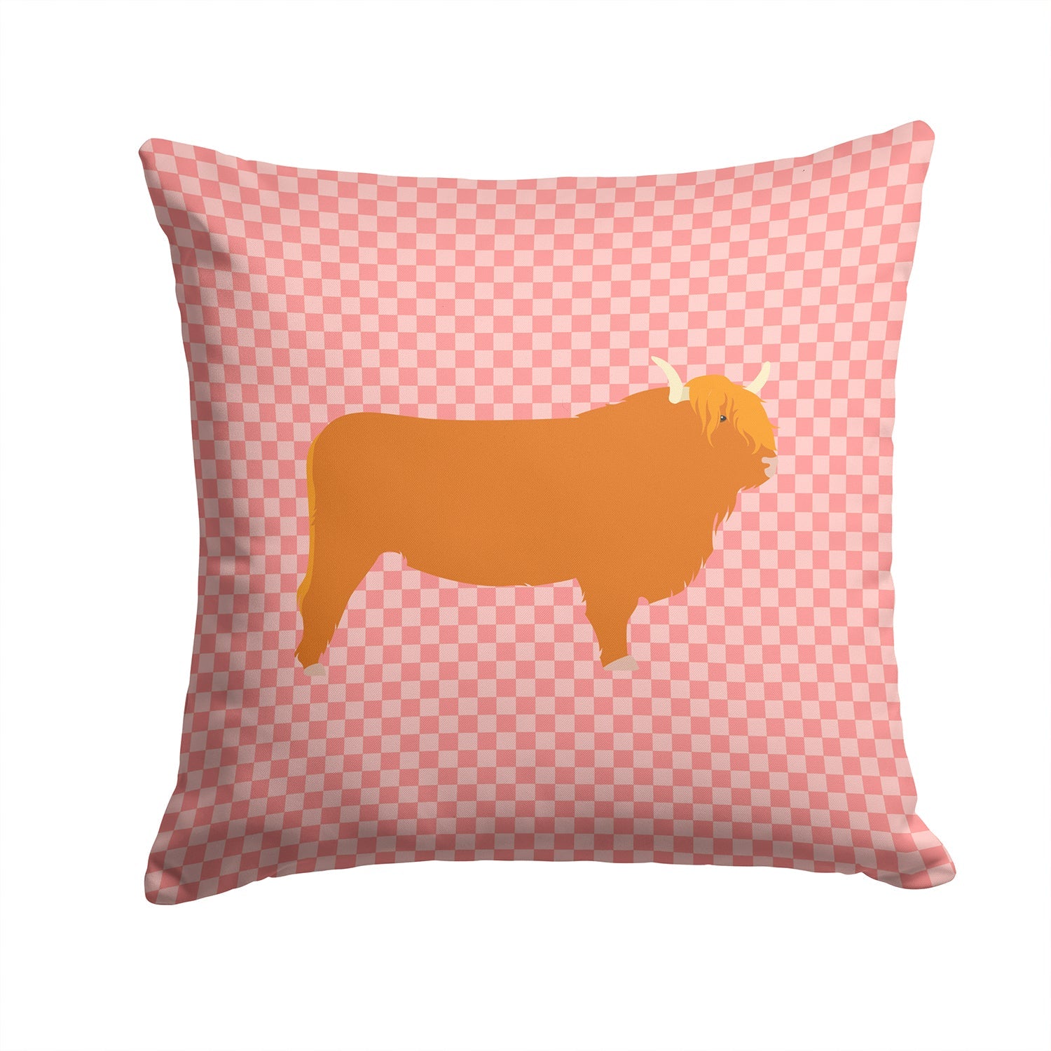 Highland Cow Pink Check Decorative Throw Pillow 14x14 Indoor Outdoor Accent Cushion, Fabric Cover with Insert for Sofa, Bed, Porch & Living Room