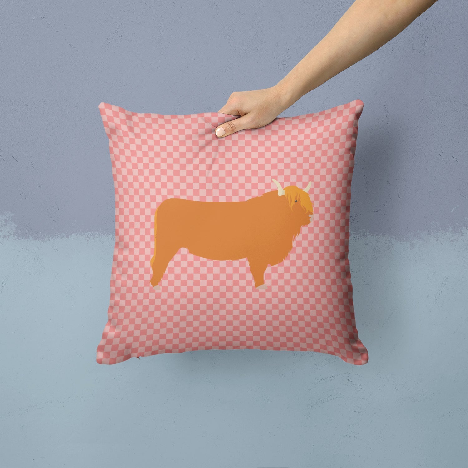 Highland Cow Pink Check Decorative Throw Pillow 14x14 Indoor Outdoor Accent Cushion, Fabric Cover with Insert for Sofa, Bed, Porch & Living Room