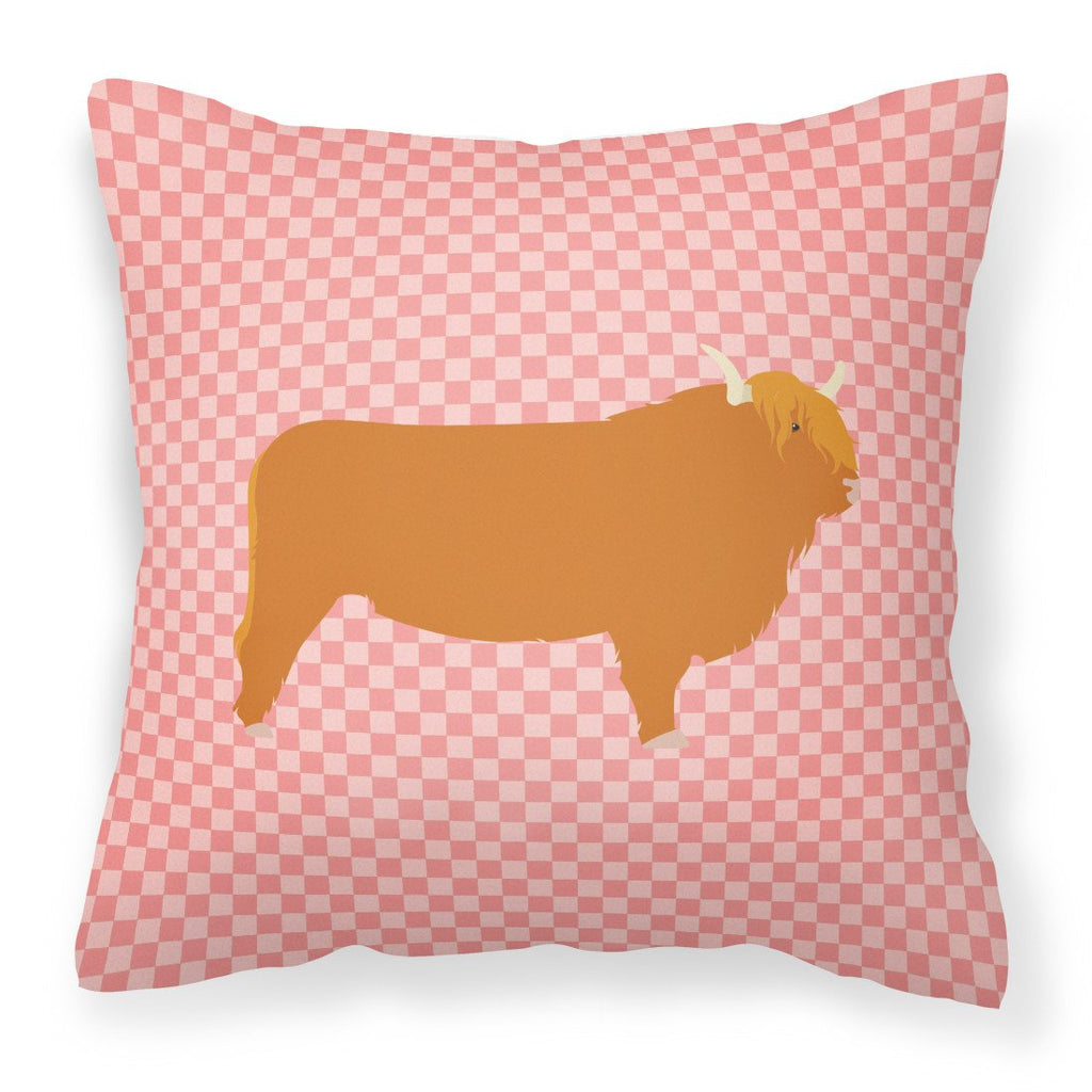 Highland Cow Pink Check Decorative Throw Pillow 18x18 Indoor Outdoor Accent Cushion, Fabric Cover with Insert for Sofa, Bed, Porch & Living Room