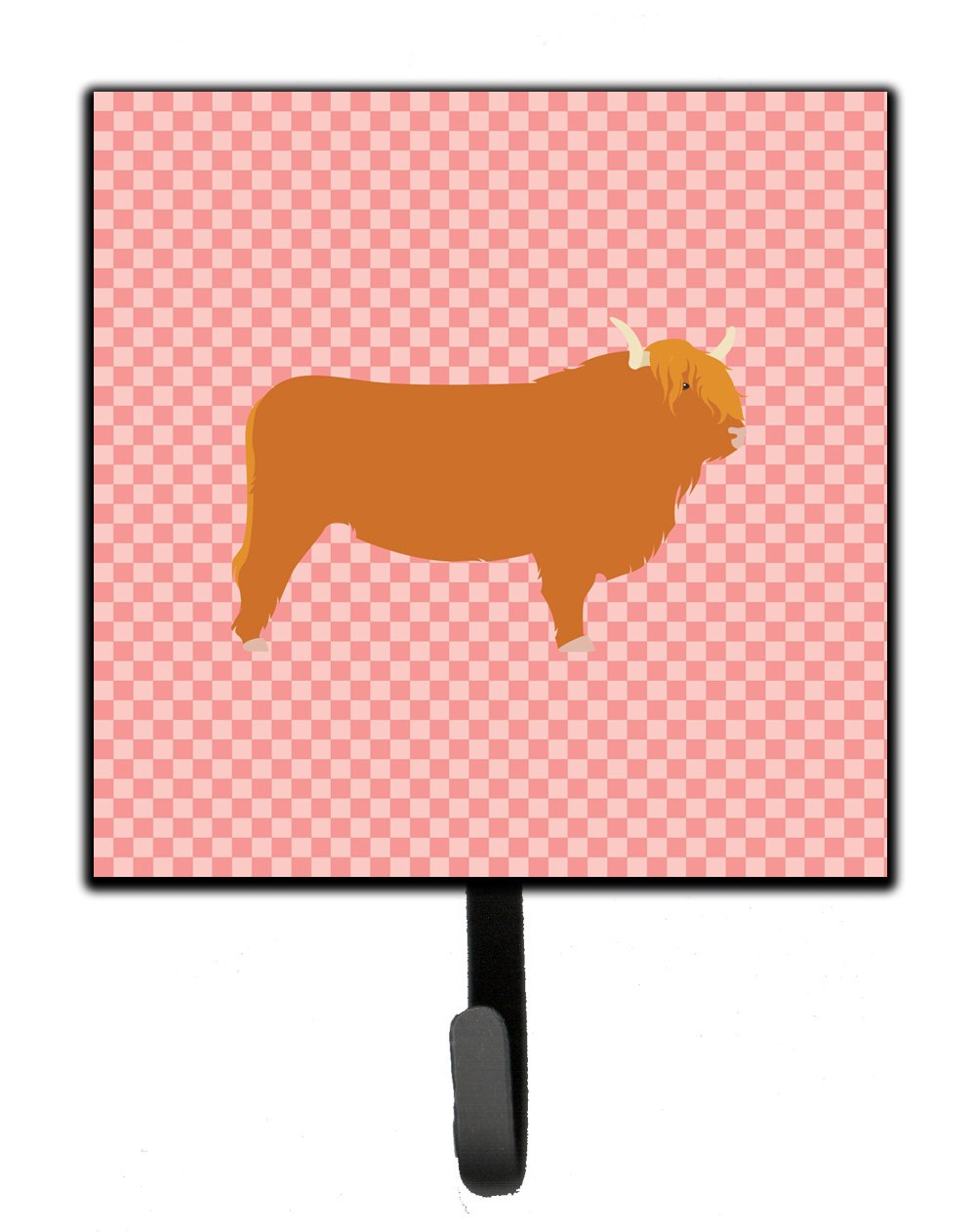 Highland Cow Pink Check Leash or Key Holder Wall Hooks, Key Hooks Holder, Coat Rack Wall Mount, Coat Hooks, Hooks for Hanging Keys, Towels, Aprons, Leashes