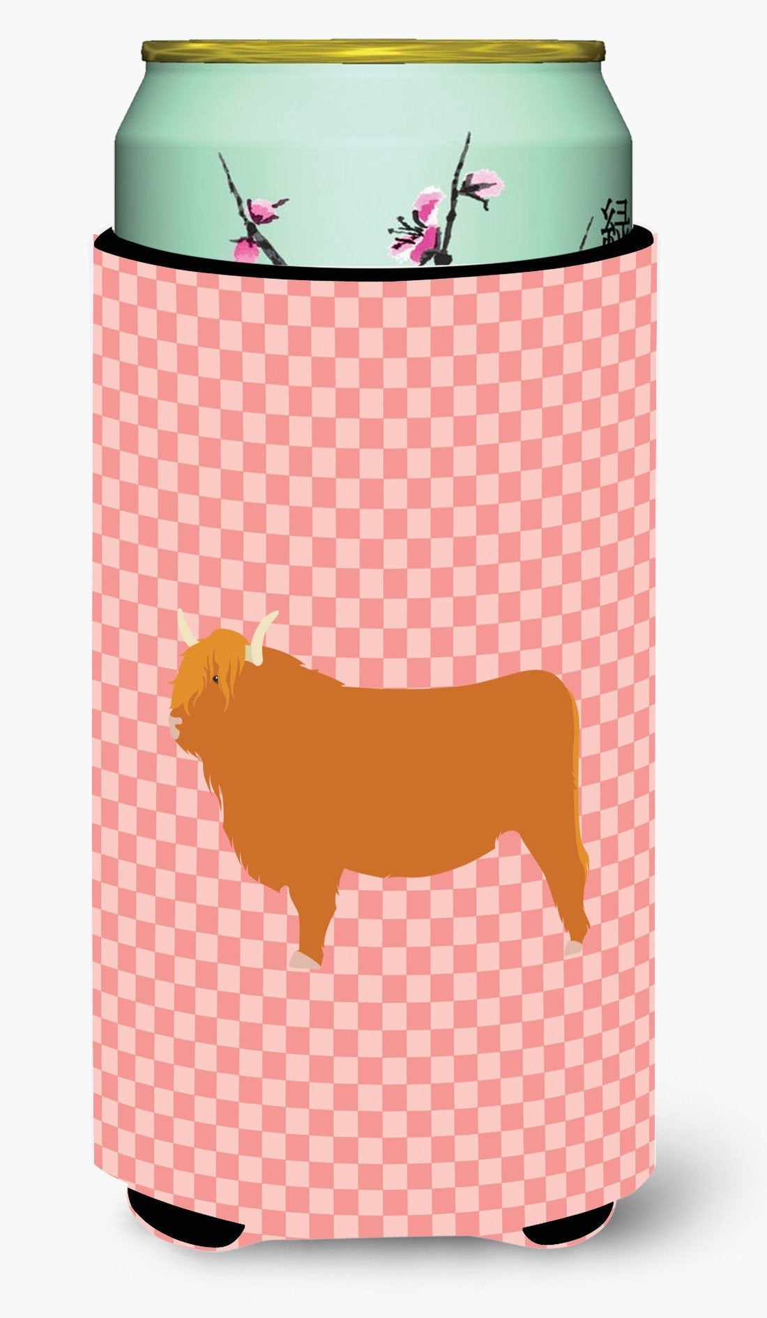 Highland Cow Pink Check Tall Boy Hugger Can Cooler Sleeve Machine Washable Drink Collapsible Insulator Beverage Insulated Holder