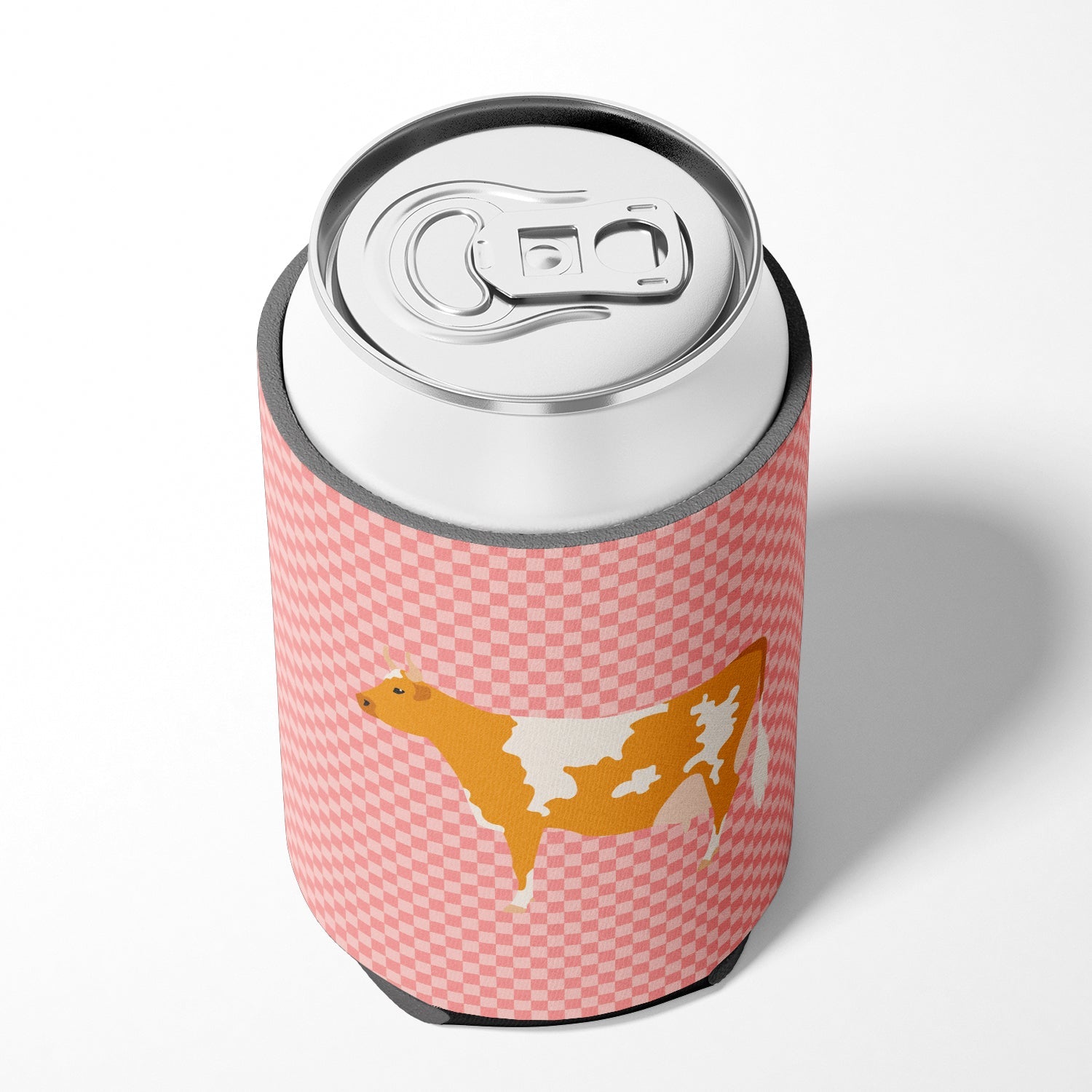 Guernsey Cow Pink Check Can or Bottle Hugger Cooler Sleeve for Standard 12 oz Cans, Insulated Foam Beer & Soda Can Hugger Reusable