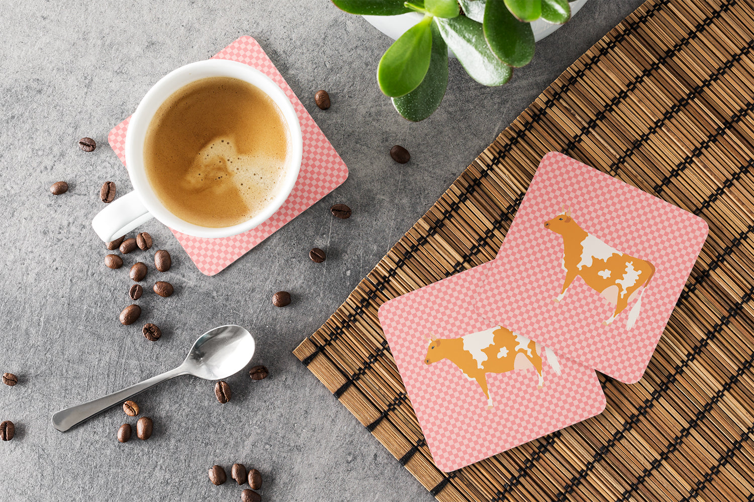 Guernsey Cow Pink Check Foam Coasters Set of 4 Cup Coasters for Indoor Outdoor, Tabletop Protection, Anti Slip, Mouse pad Material