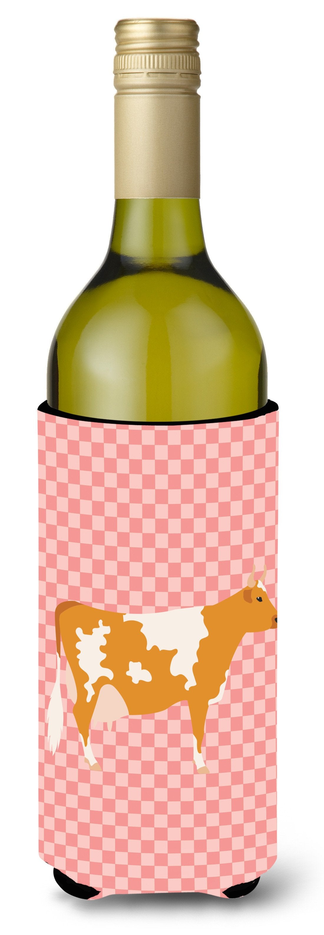 Guernsey Cow Pink Check Wine Bottle Hugger Gift Sleeve for Standard 750 ml Bottles, Insulated Reusable Also Fits Mini Shot & Pint Bottles