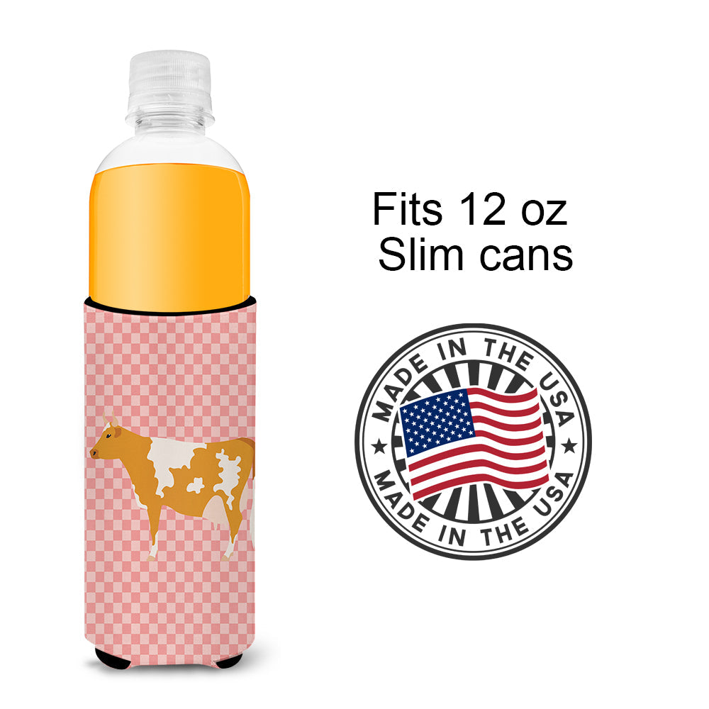 Guernsey Cow Pink Check Slim Can Hugger , Insulated Foam Hugger for 12 oz Slim Cans, Beer Bottles & Water Bottles, Printed in USA