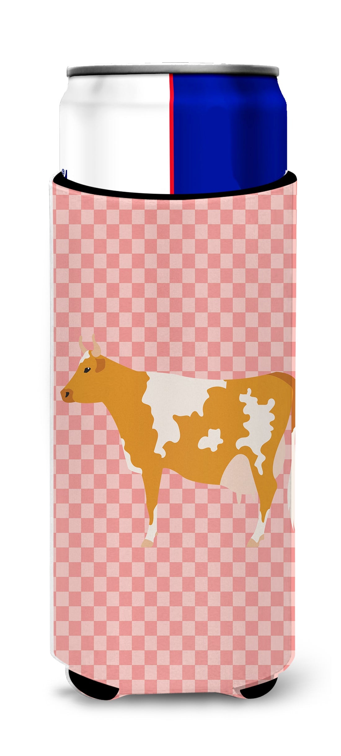 Guernsey Cow Pink Check Slim Can Hugger , Insulated Foam Hugger for 12 oz Slim Cans, Beer Bottles & Water Bottles, Printed in USA