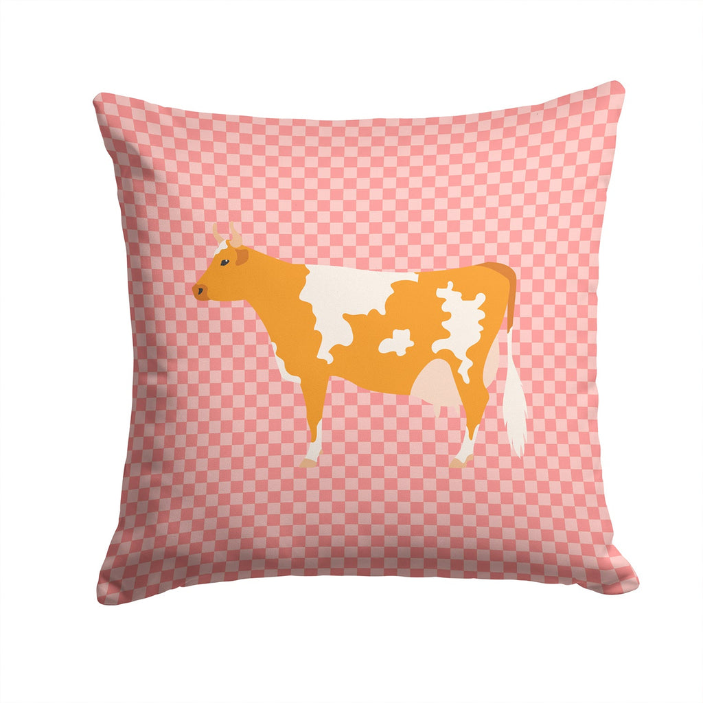 Guernsey Cow Pink Check Decorative Throw Pillow 14x14 Indoor Outdoor Accent Cushion, Fabric Cover with Insert for Sofa, Bed, Porch & Living Room