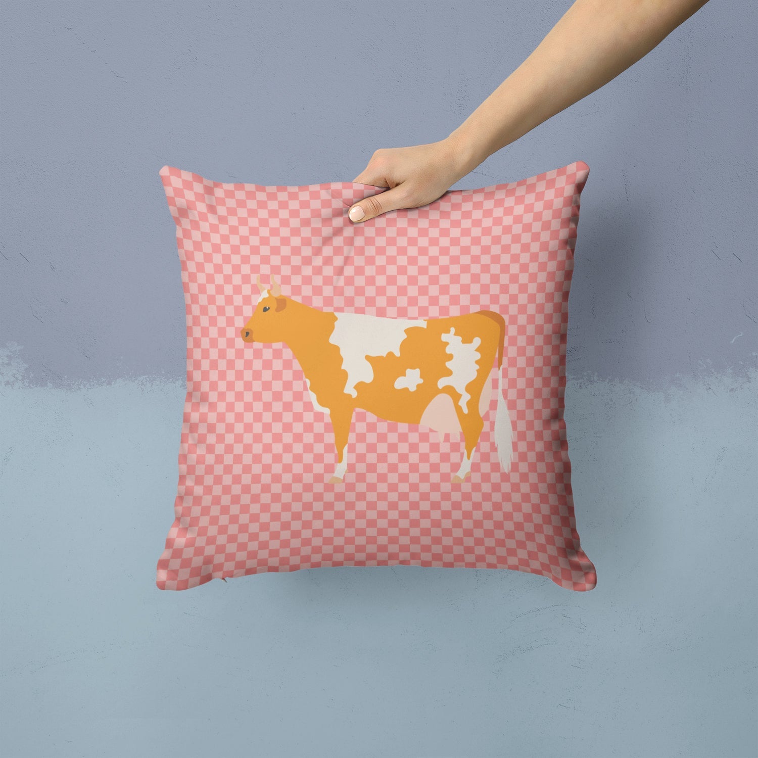 Guernsey Cow Pink Check Decorative Throw Pillow 14x14 Indoor Outdoor Accent Cushion, Fabric Cover with Insert for Sofa, Bed, Porch & Living Room