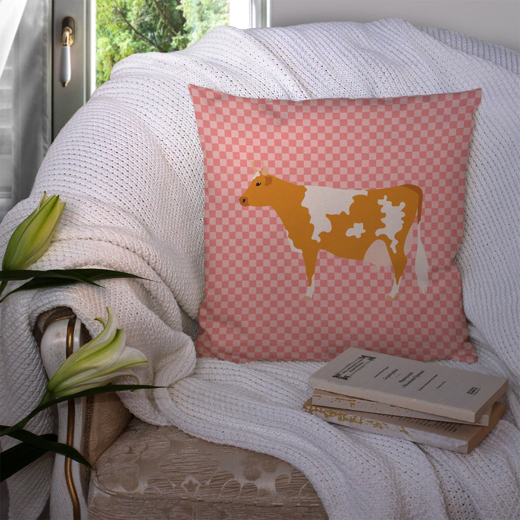 Guernsey Cow Pink Check Decorative Throw Pillow 14x14 Indoor Outdoor Accent Cushion, Fabric Cover with Insert for Sofa, Bed, Porch & Living Room