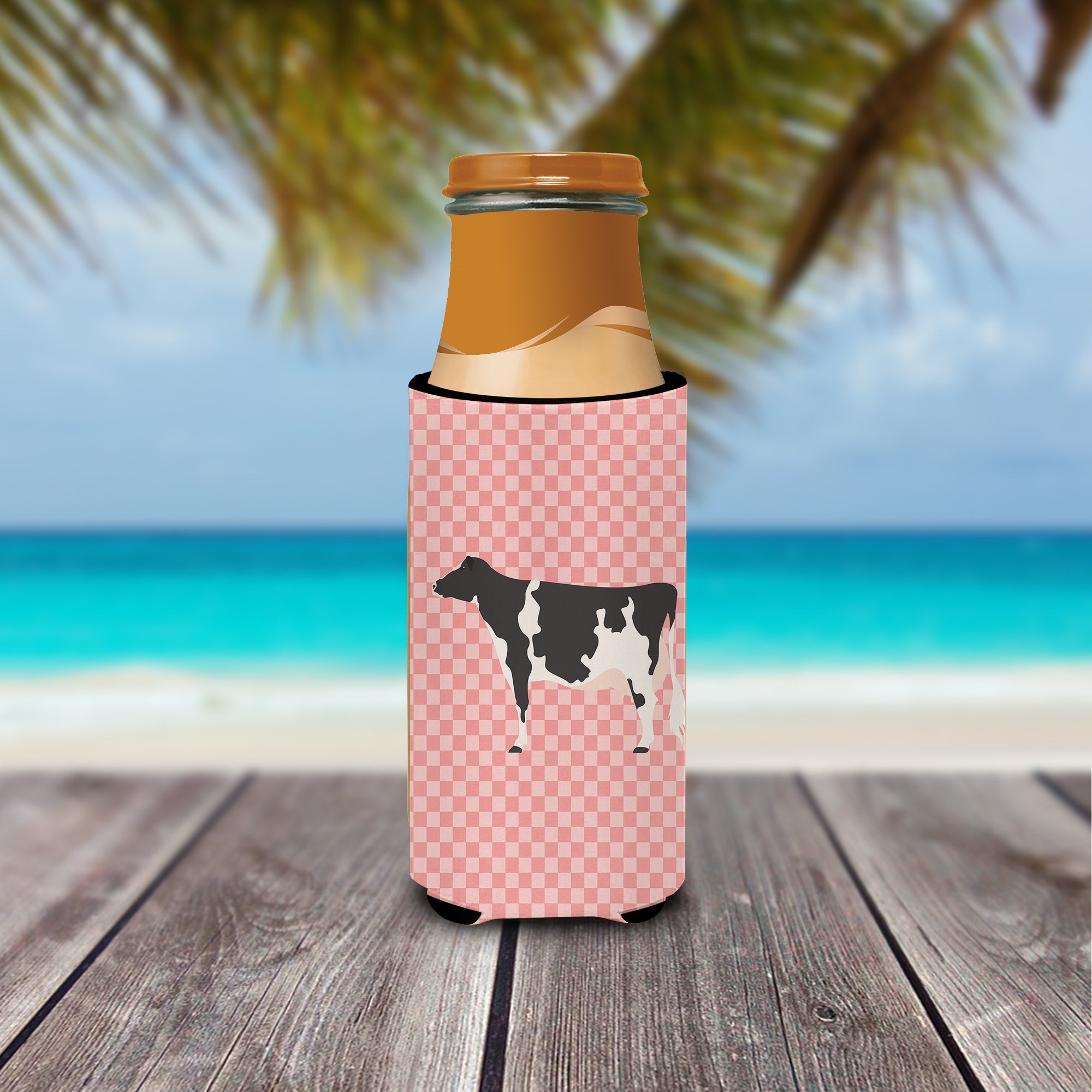 Holstein Cow Pink Check Slim Can Hugger , Insulated Foam Hugger for 12 oz Slim Cans, Beer Bottles & Water Bottles, Printed in USA