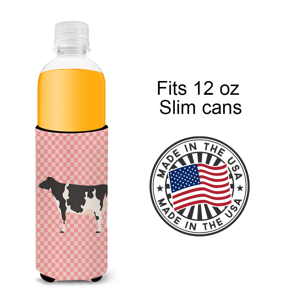 Holstein Cow Pink Check Slim Can Hugger , Insulated Foam Hugger for 12 oz Slim Cans, Beer Bottles & Water Bottles, Printed in USA