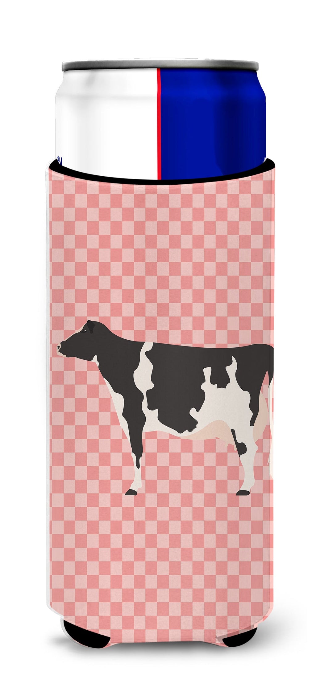 Holstein Cow Pink Check Slim Can Hugger , Insulated Foam Hugger for 12 oz Slim Cans, Beer Bottles & Water Bottles, Printed in USA