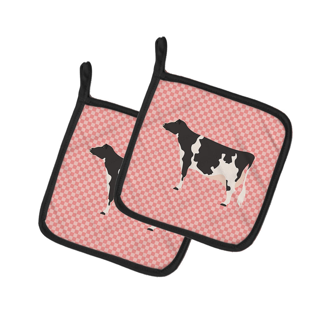 Holstein Cow Pink Check Pot Holder Set of 2 Heat Resistant Quilted Hot Pads 7.5 x 7.5 Inch, Insulated Kitchen Trivets for Cooking & Baking