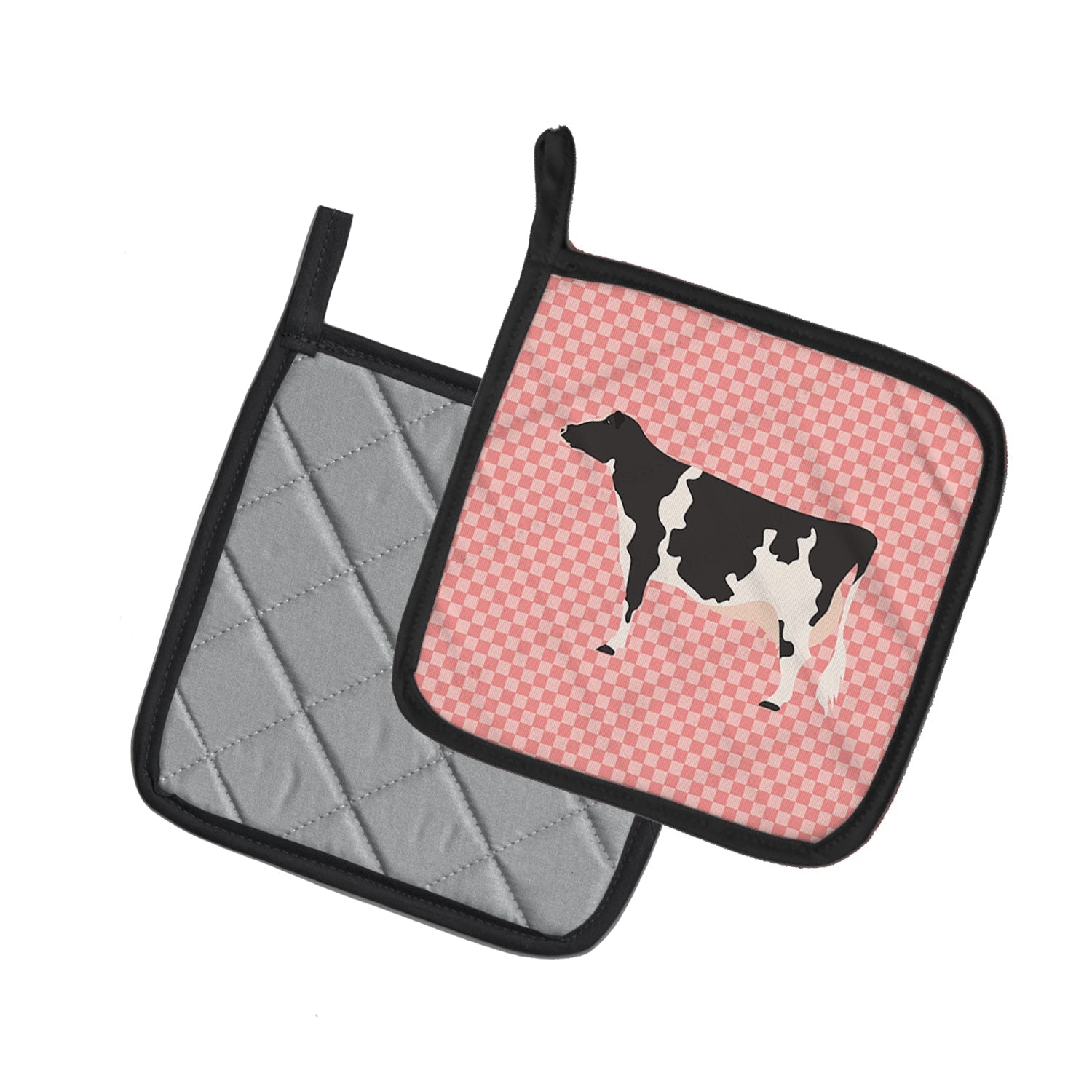 Holstein Cow Pink Check Pot Holder Set of 2 Heat Resistant Quilted Hot Pads 7.5 x 7.5 Inch, Insulated Kitchen Trivets for Cooking & Baking