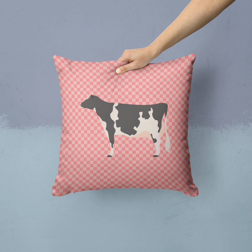 Holstein Cow Pink Check Decorative Throw Pillow 14x14 Indoor Outdoor Accent Cushion, Fabric Cover with Insert for Sofa, Bed, Porch & Living Room