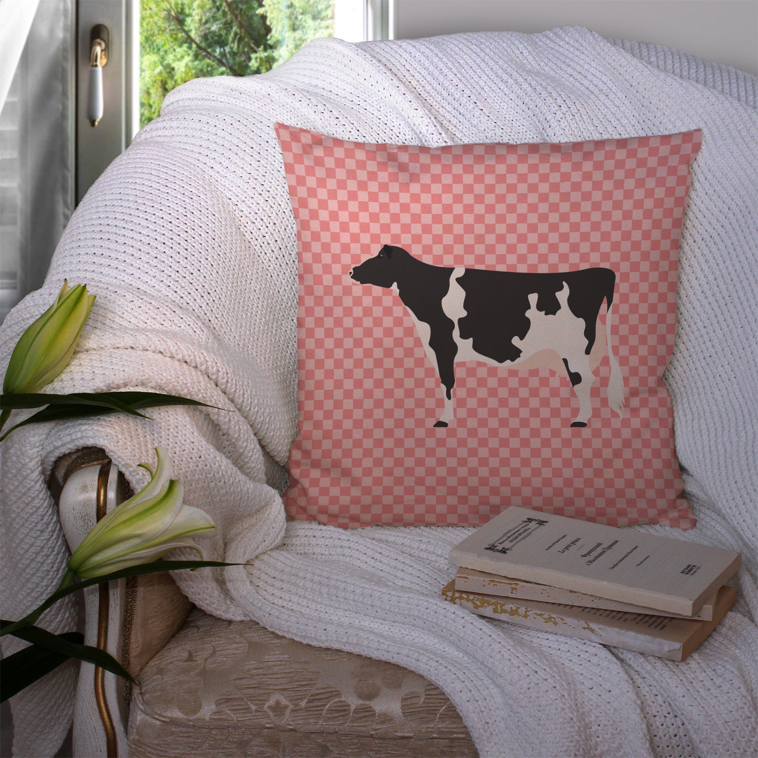 Holstein Cow Pink Check Decorative Throw Pillow 14x14 Indoor Outdoor Accent Cushion, Fabric Cover with Insert for Sofa, Bed, Porch & Living Room
