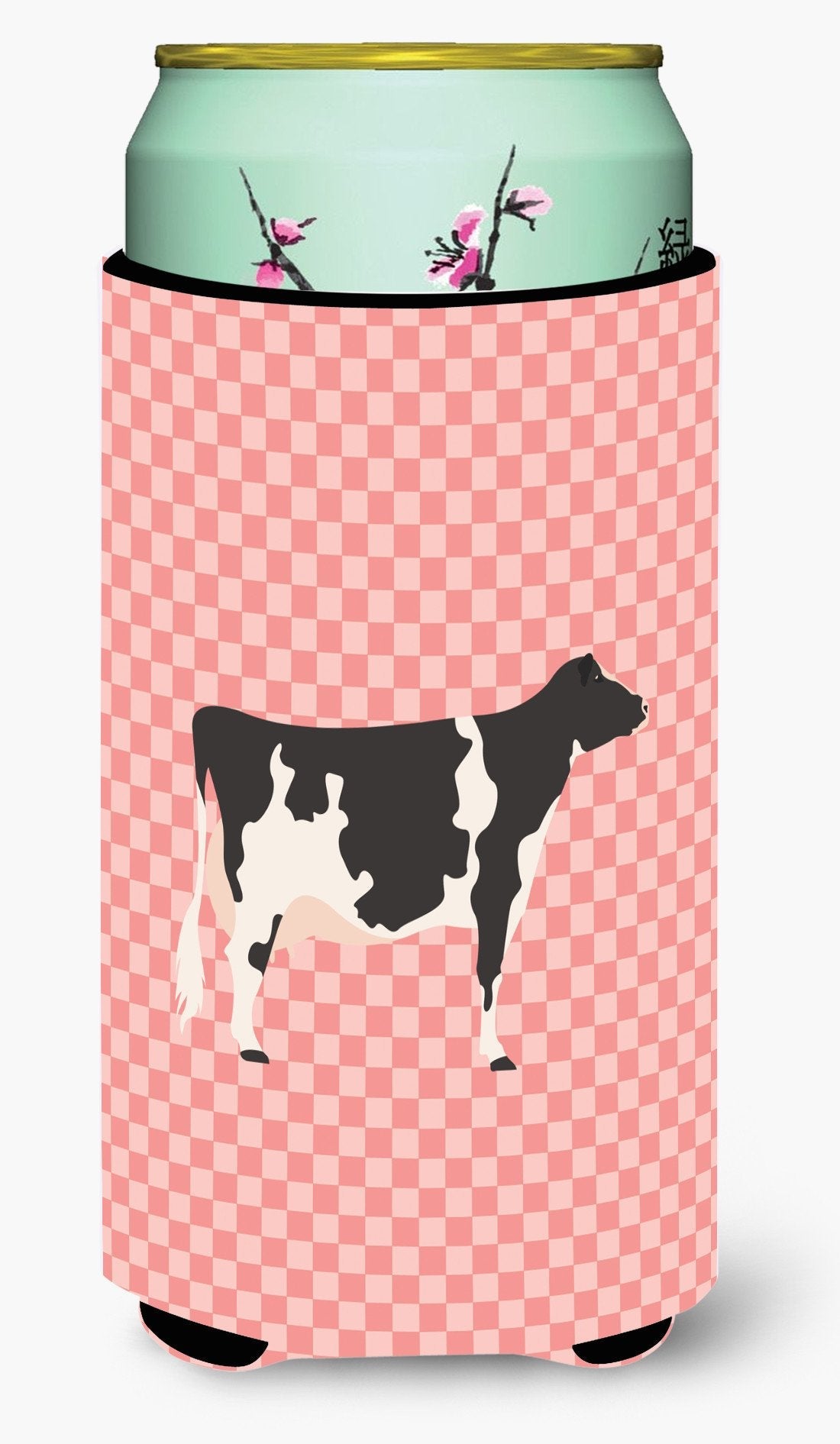 Holstein Cow Pink Check Tall Boy Hugger Can Cooler Sleeve Machine Washable Drink Collapsible Insulator Beverage Insulated Holder