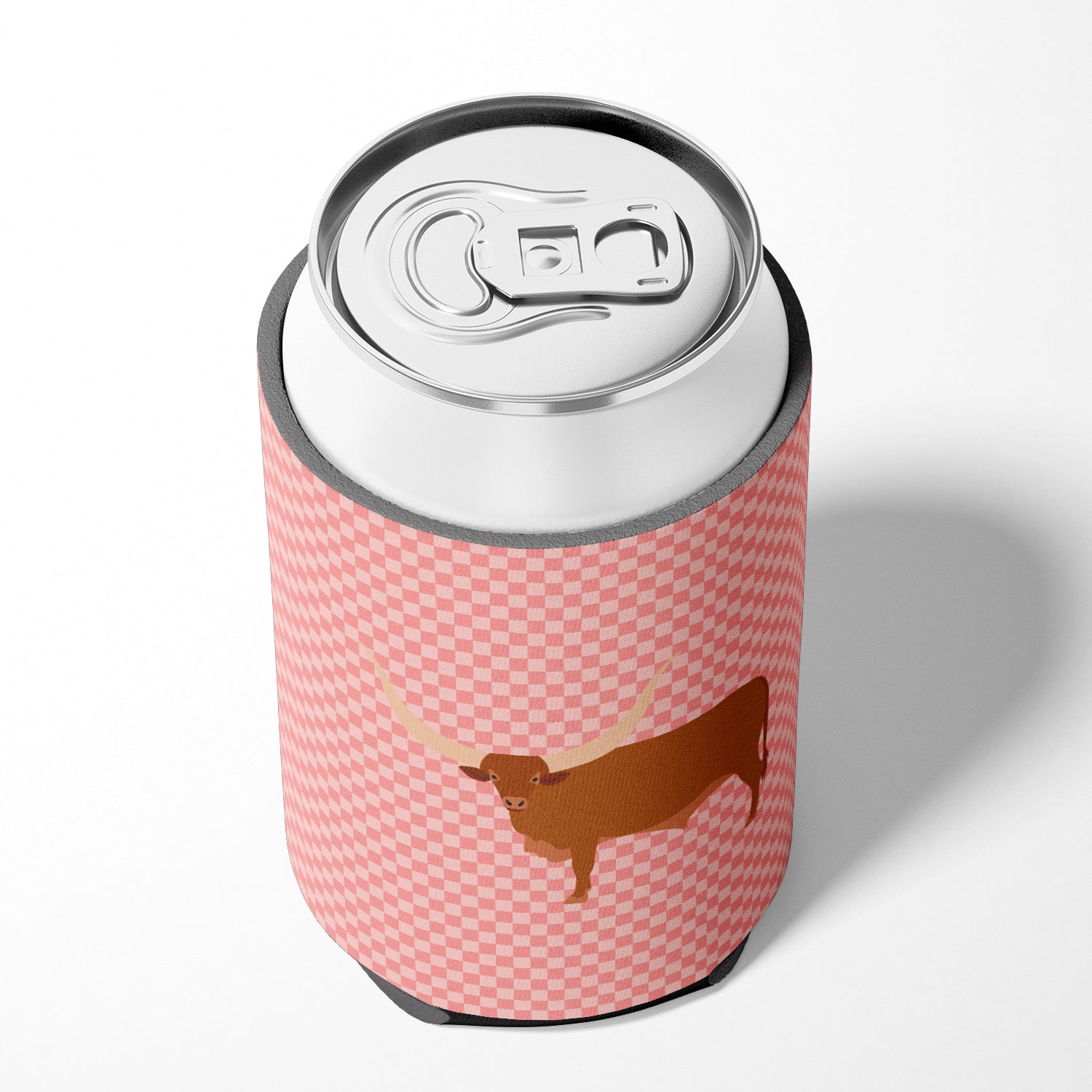 Ankole-Watusu Cow Pink Check Can or Bottle Hugger Cooler Sleeve for Standard 12 oz Cans, Insulated Foam Beer & Soda Can Hugger Reusable